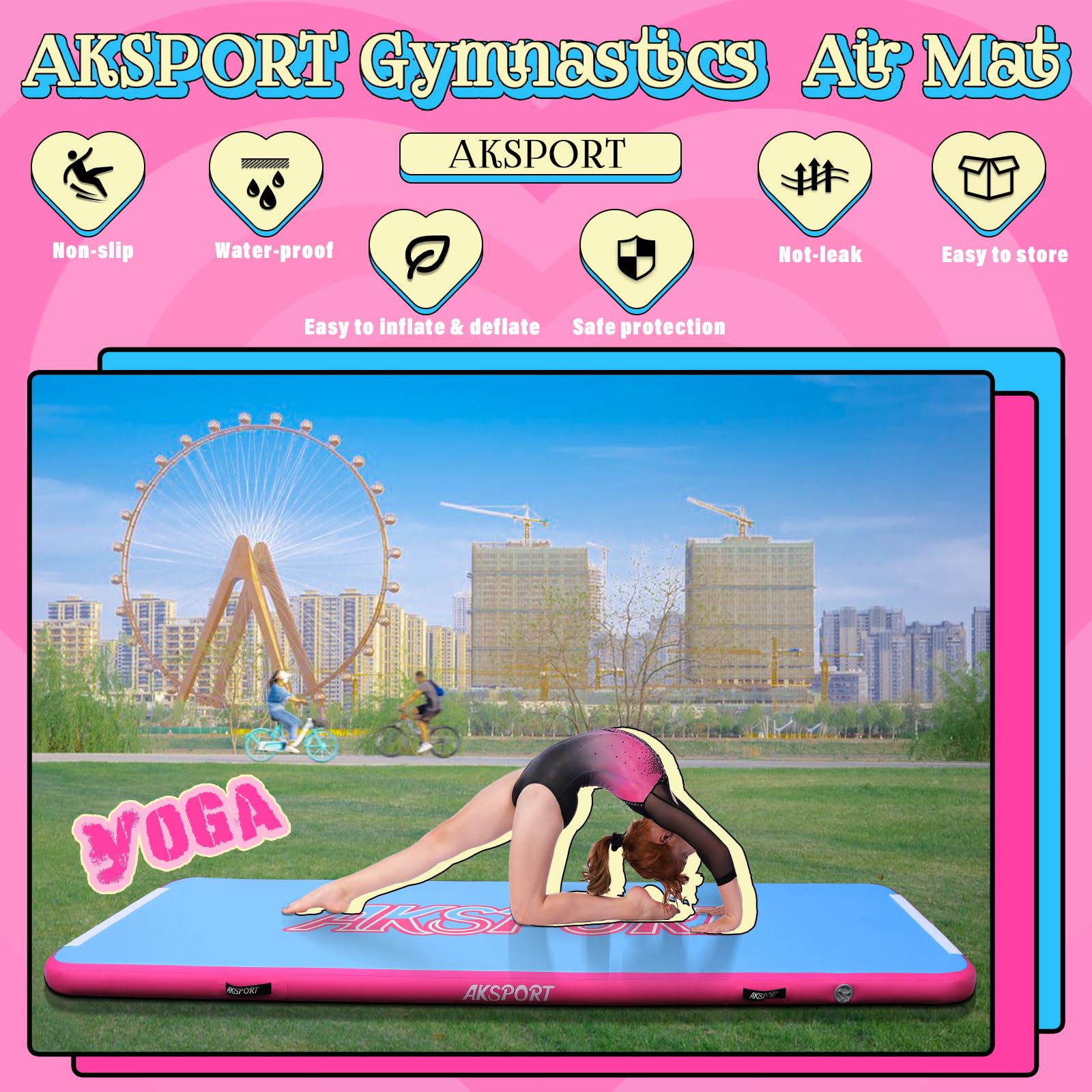 AKSPORT Inflatable Gymnastics Mat Tumble Track - 10ft, 13ft, 16ft, 20ft, 23ft Air Tumbling Mat with Pump for Home Gym, Cheerleading, Yoga & Kids Play - Portable Training Mat for Indoor/Outdoor Use