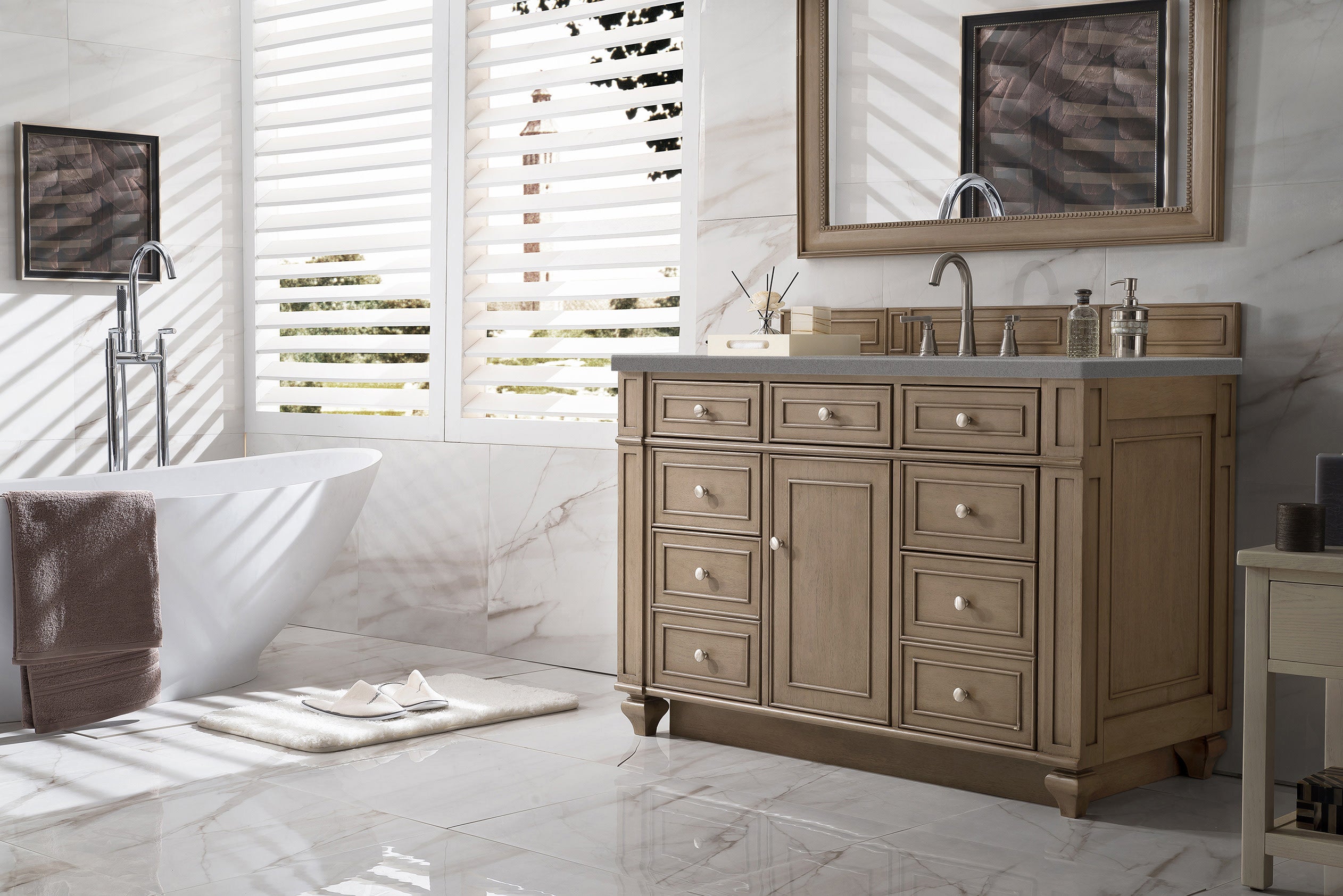 Bristol 48 Inch Single Bathroom Vanity Set in Whitewashed Walnut with 3CM Gray Expo Quartz Countertop - Perfect for Modern Farmhouse, Coastal, or Transitional Style Bathrooms
