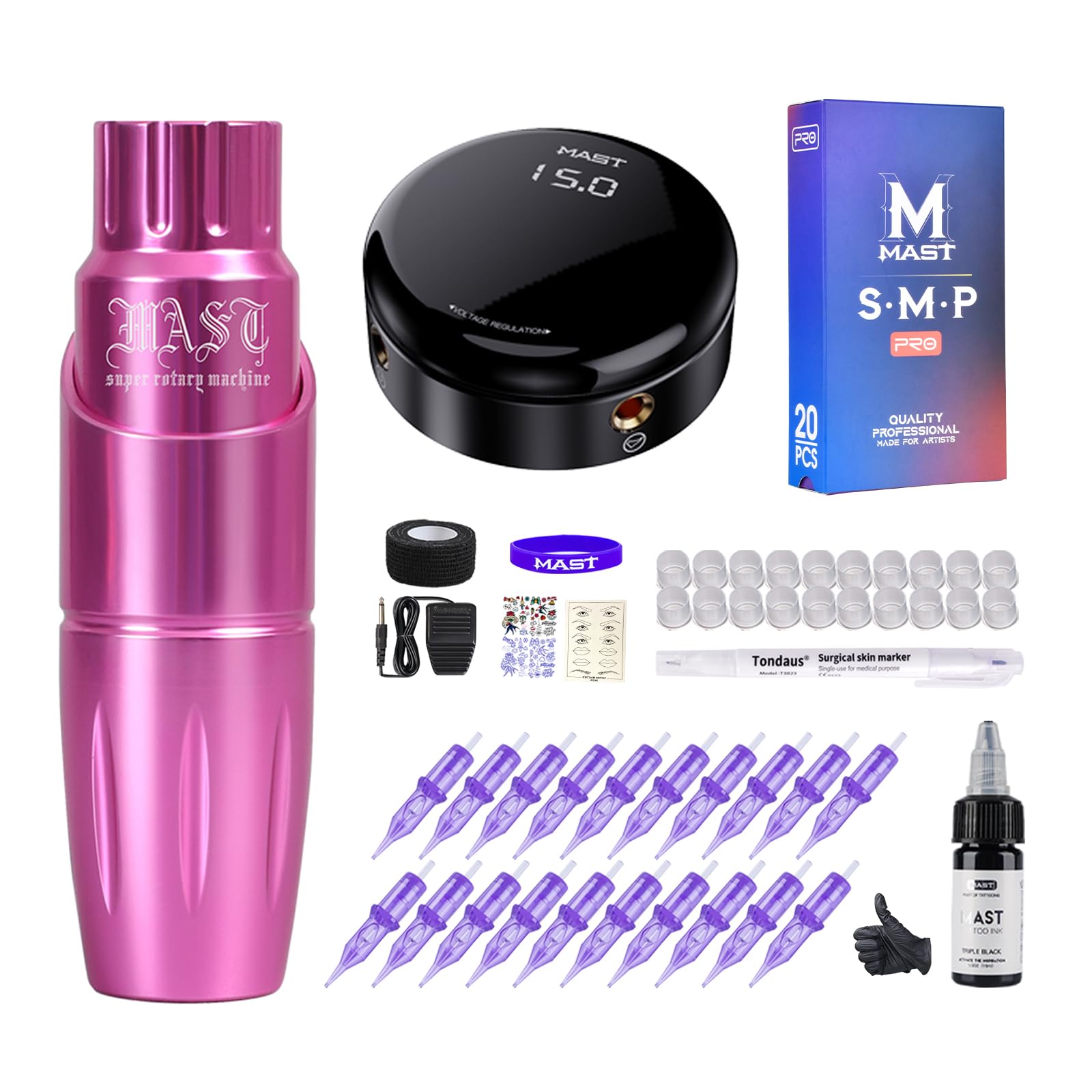 Professional Mast Tour Rotary Tattoo Pen Kit with Halo II Power Supply - Complete Tattoo Machine Gun Set with Pro Cartridges Needles & Certified Triple Black Ink (Corded, Pink) - Perfect for Beginners & Professional Tattoo Artists, Home & Studio Use