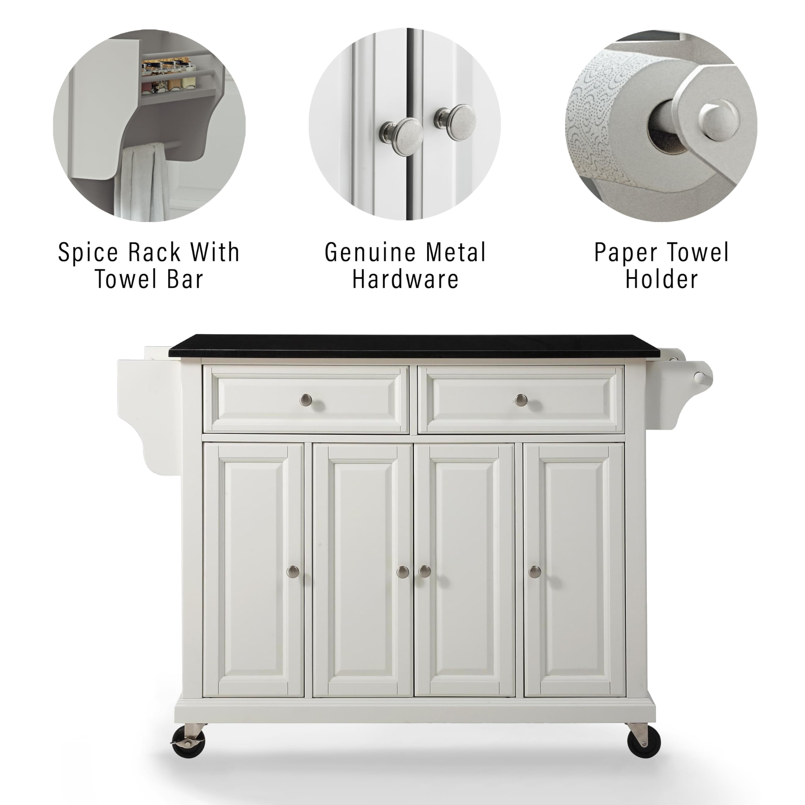Crosley White Granite Top Rolling Kitchen Island Cart with Storage - Full Size Microwave Stand & Spice Rack for Modern Kitchens | Perfect for Small Space Cooking, Entertaining & Additional Counter Space