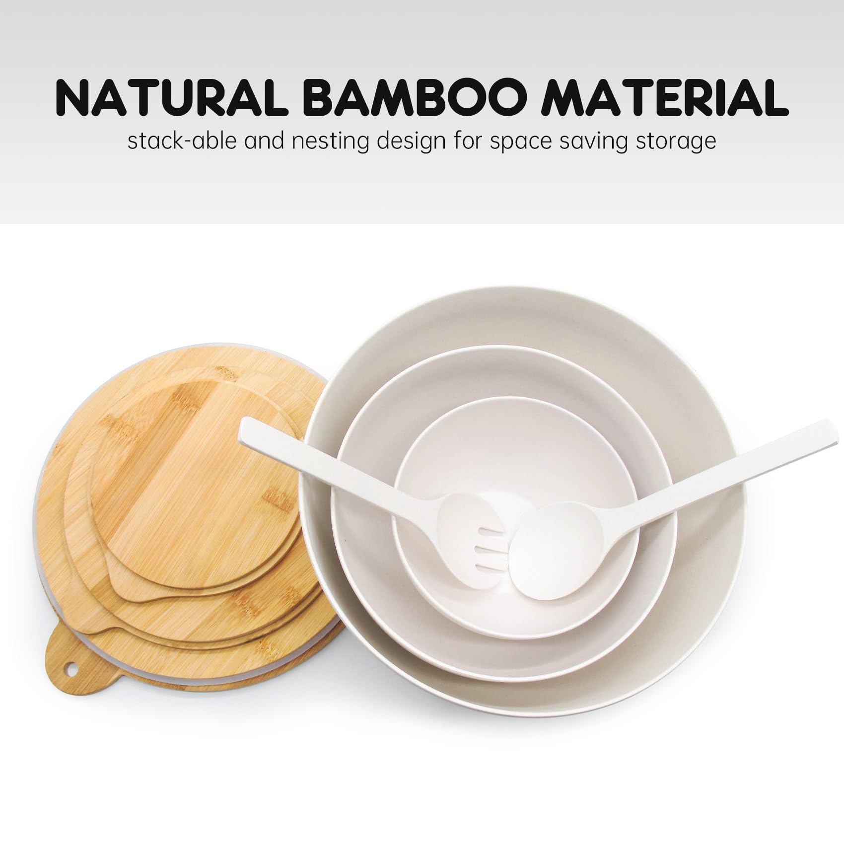 3-Piece Bamboo Fiber Salad Bowl Set with Seal Lid & Serving Utensils - Large Mixing Bowls for Kitchen, Pasta, Popcorn, Fruit | Perfect for Meal Prep, Entertaining & Food Storage (White)
