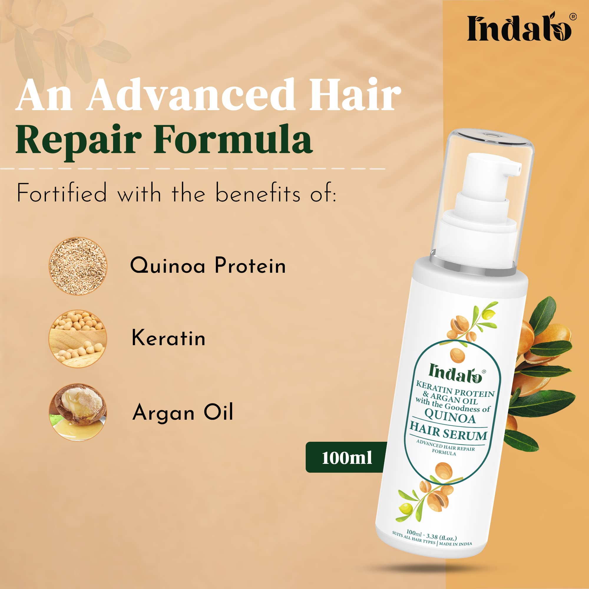Indalo® Quinoa Protein Hair Serum with Keratin & Argan Oil - 100ml for Silky, Soft, Smooth & Shiny Hair | Reduces Breakage & Repairs Damage | Advanced Hair Repair Formula | Perfect for Daily Use, Styling & Heat Protection