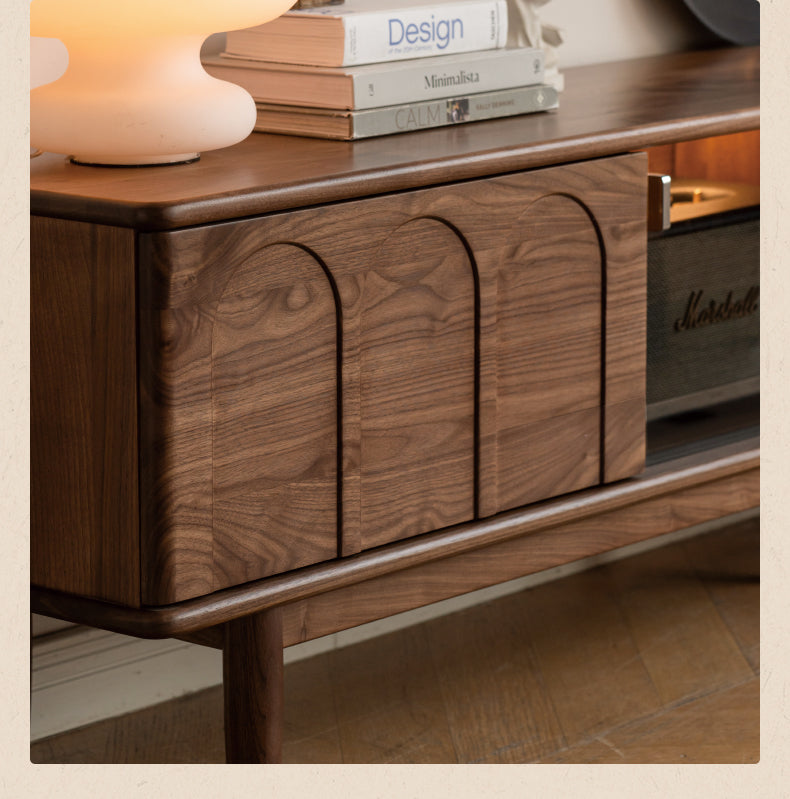 Solid Black Walnut Wood Retro TV Stand with Large Storage | Vintage Entertainment Center for Living Room & Home Theater
