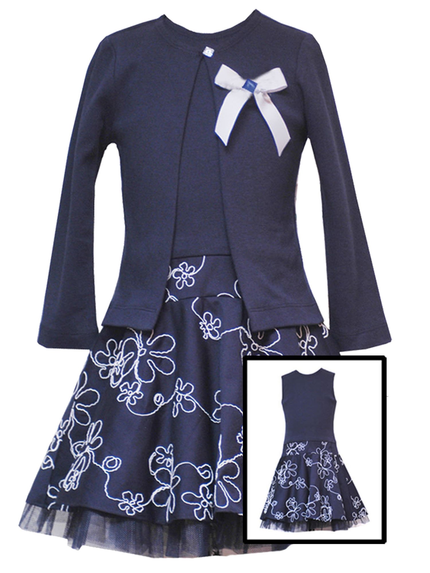 Adorable Navy Blue & White Embroidered Drop Waist Dress & Cardigan Set for Girls 2T-6X - Perfect for Birthday Parties, Easter & Family Photos
