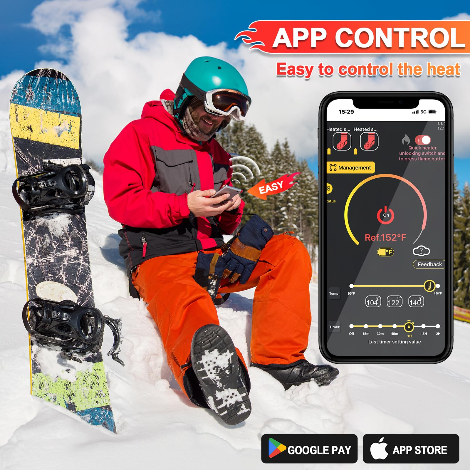 SNOW LEOPARD Rechargeable Heated Socks for Men & Women - 5000mAh Battery Electric Warming Socks with APP Control, Machine Washable Winter Foot Warmers for Skiing, Hiking, Riding & Outdoor Activities