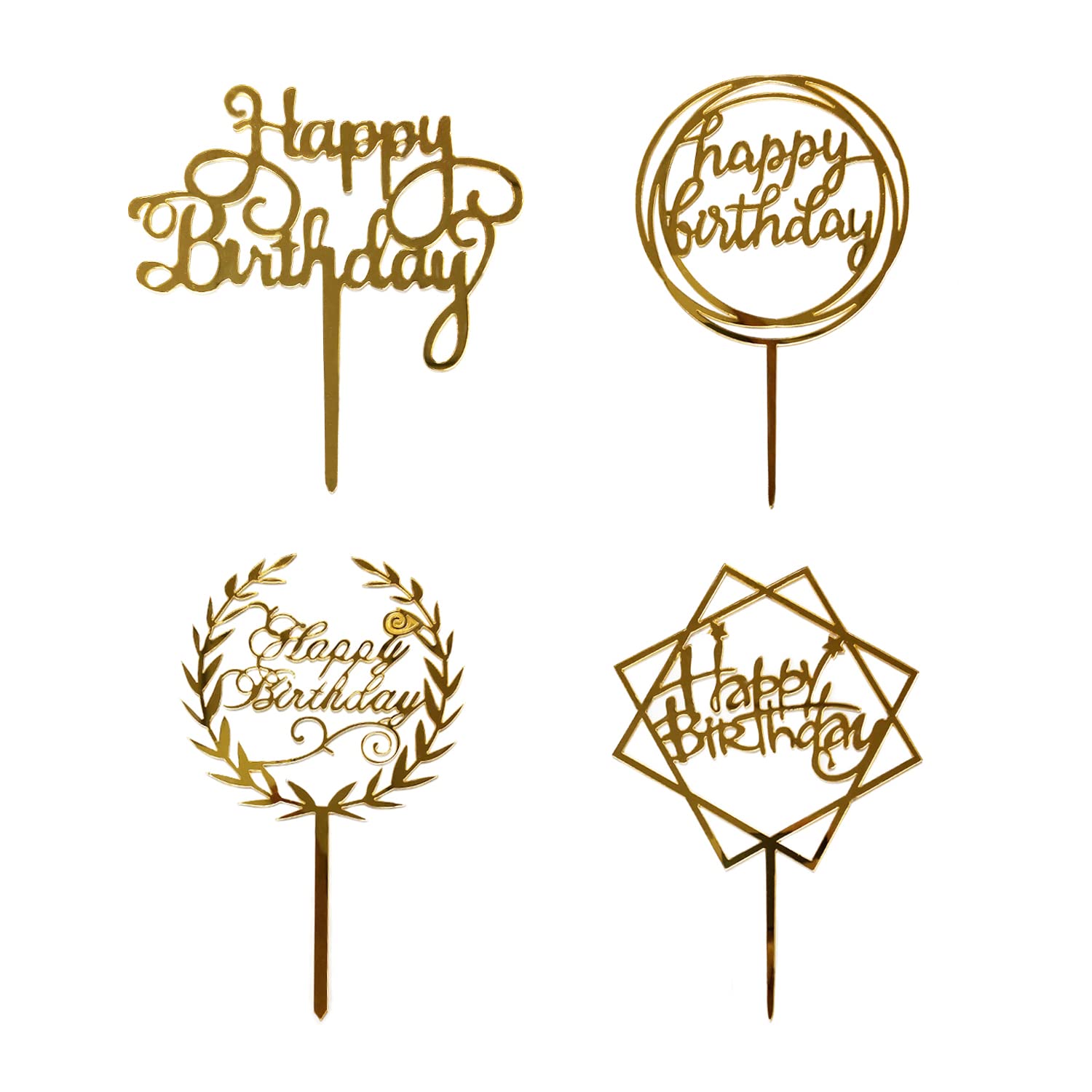 Gold Birthday Cupcake Toppers - 4 Pack Acrylic Happy Birthday Cake Decorations for Parties, Weddings & Celebrations | Elegant Cake Topper Supplies for Birthday Cakes, Cupcakes & Desserts