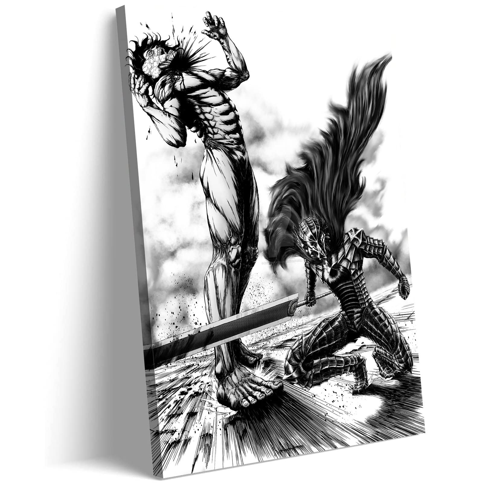 Berserk Guts vs Titan Anime Wall Art Canvas Print - 16x24 Inch Framed Poster for Boys Room, Living Room, Bedroom & Bathroom Decor - Perfect for Anime Fans & Gift Giving