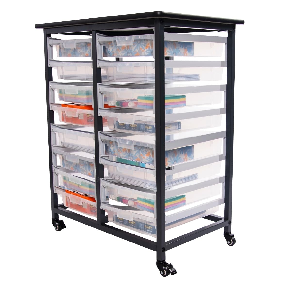 LUXOR MBS-DR-16S-CL Mobile Storage Bin Unit - 16 Small Clear Bins for Office Organization & Craft Supplies Storage | Double Row Rolling Cabinet for Home, School & Workplace