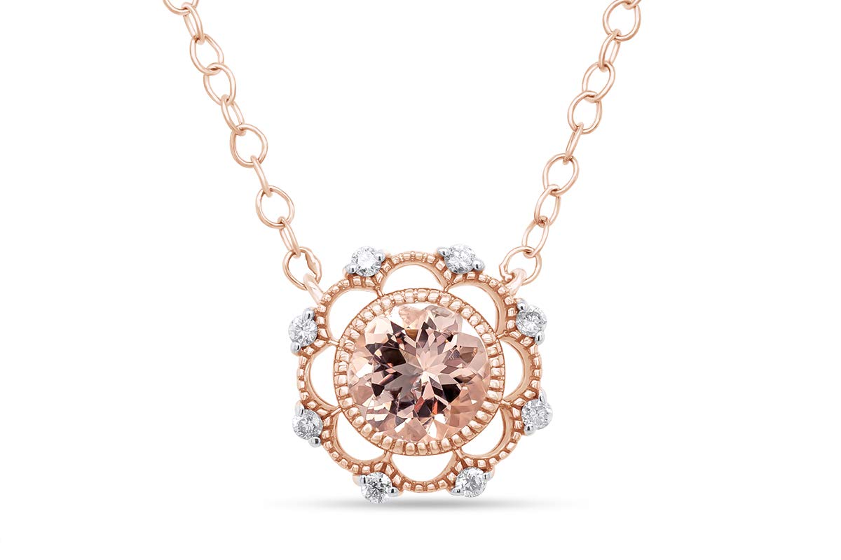 Vintage Style Round Morganite & Diamond Pendant Necklace - 6MM Gemstone, 10K Gold Chain - Perfect for Women's Engagement, Anniversary, Wedding & Birthday Gifts (3/4 CTTW) | Elegant Jewelry for Special Occasions & Everyday Wear