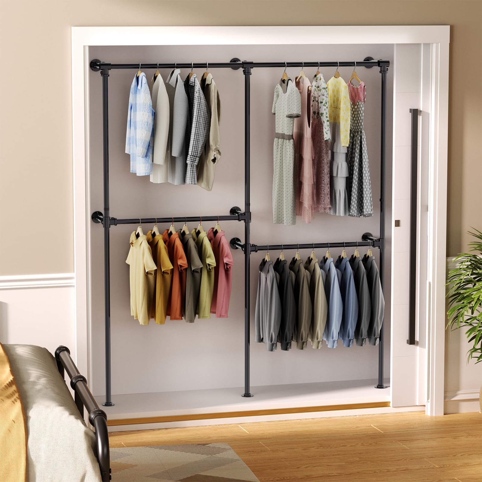 ROOMTEC Heavy-Duty Industrial Pipe Clothing Rack - Wall Mounted Garment Rack with Black Hanging Rod for Retail Display, Closet Storage & Laundry Room Organization | Perfect for Boutiques, Warehouses & Home Closets