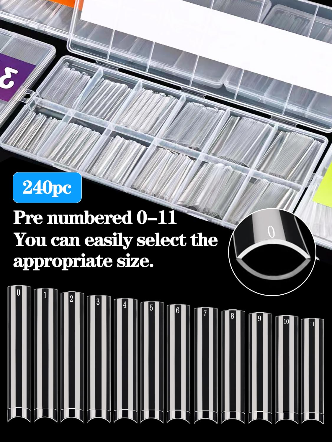 240PCS No C Curve Square Nail Tips - XXXL Half Cover Clear Acrylic Nails for Salon & DIY - 3XL Straight Tapered Square Fake Nails Set with 12 Sizes - Perfect for Professional Nail Art, Manicures, and Home Use