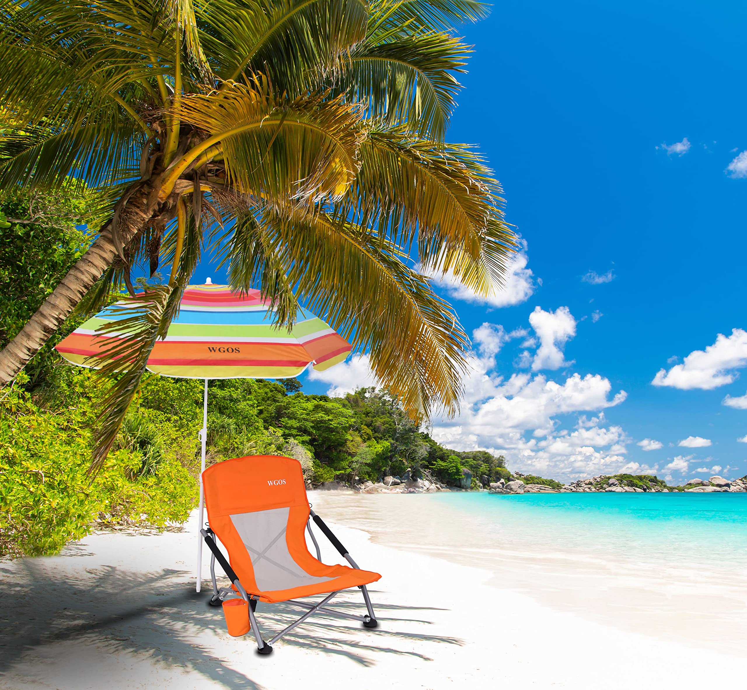 **Premium 2-Pack Orange Folding Beach Chairs with Umbrella - Portable Low Profile Beach Chairs for Adults, Camping & Outdoor Relaxation - Perfect for Sand, Poolside, Picnics & Travel**