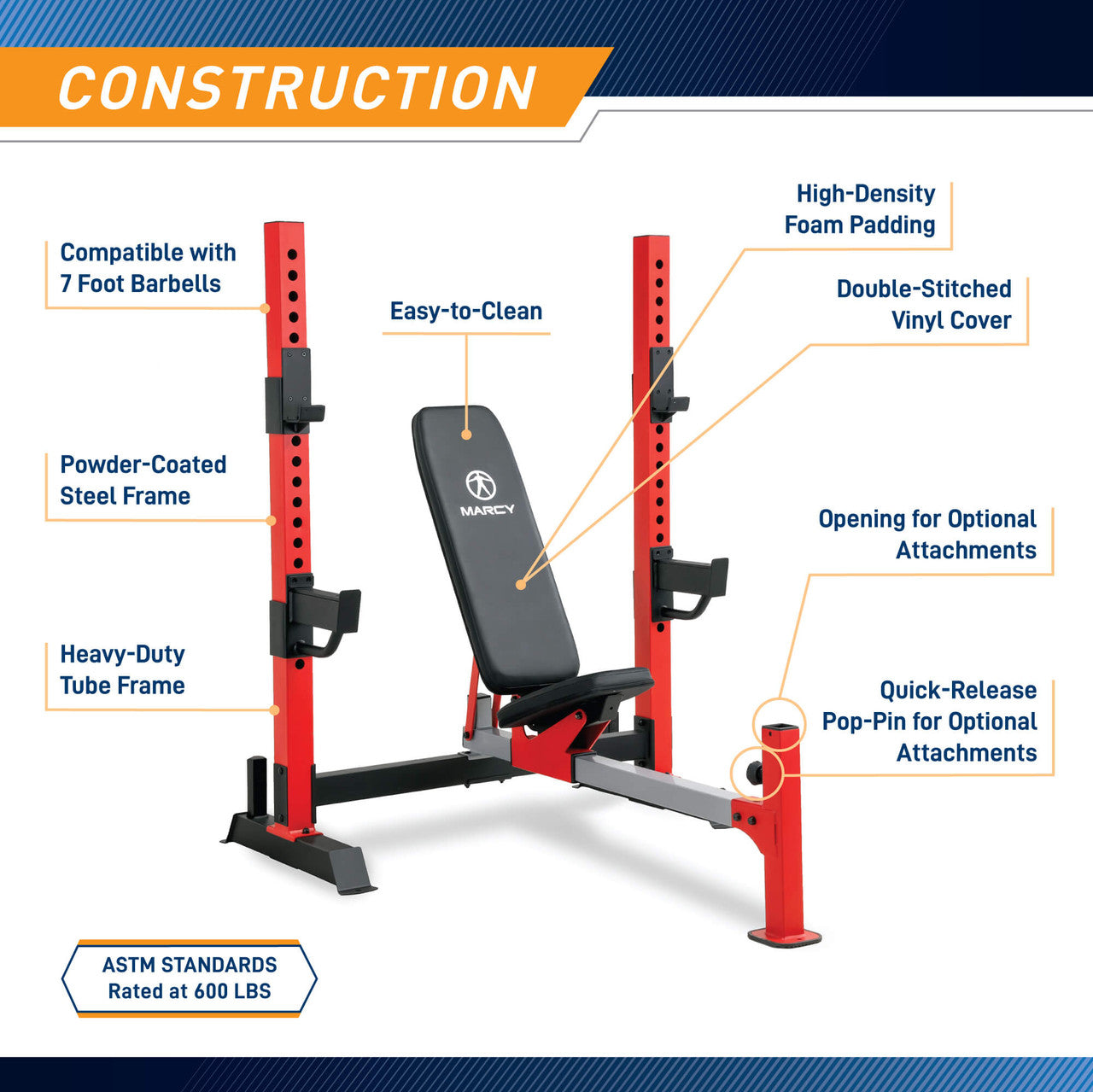 Marcy Olympic Weight Bench MWB-7096 - Adjustable Strength Training Bench for Home Gym, Full Body Workout - Perfect for Squats, Bench Press & Dumbbell Exercises