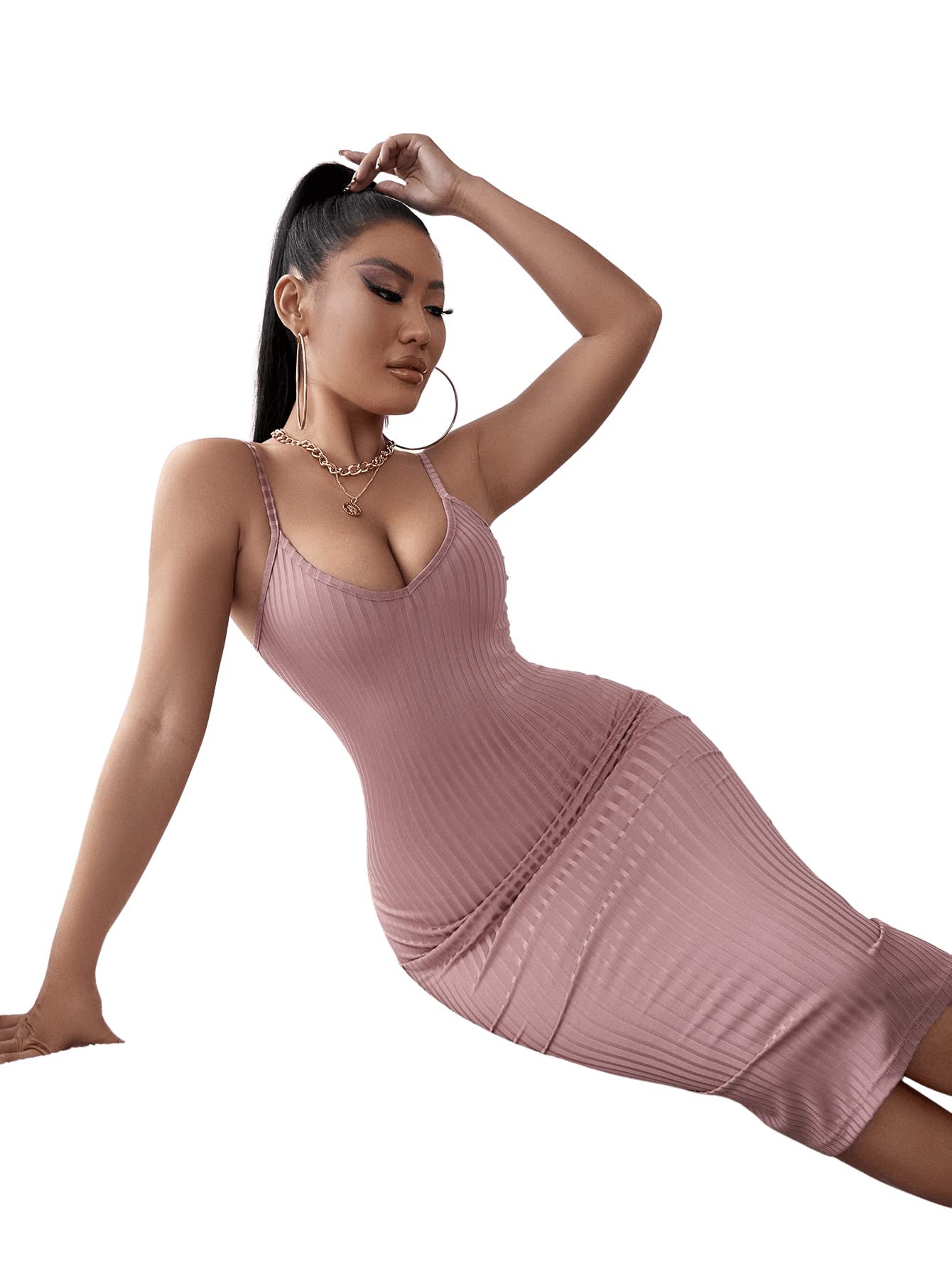 SweatyRocks Women's Sleeveless V Neck Ribbed Knit Cami Dress - Spaghetti Strap Bodycon Midi Dress for Summer, Casual Outings & Night Out | Slim Fit Stretchy Party Clubwear
