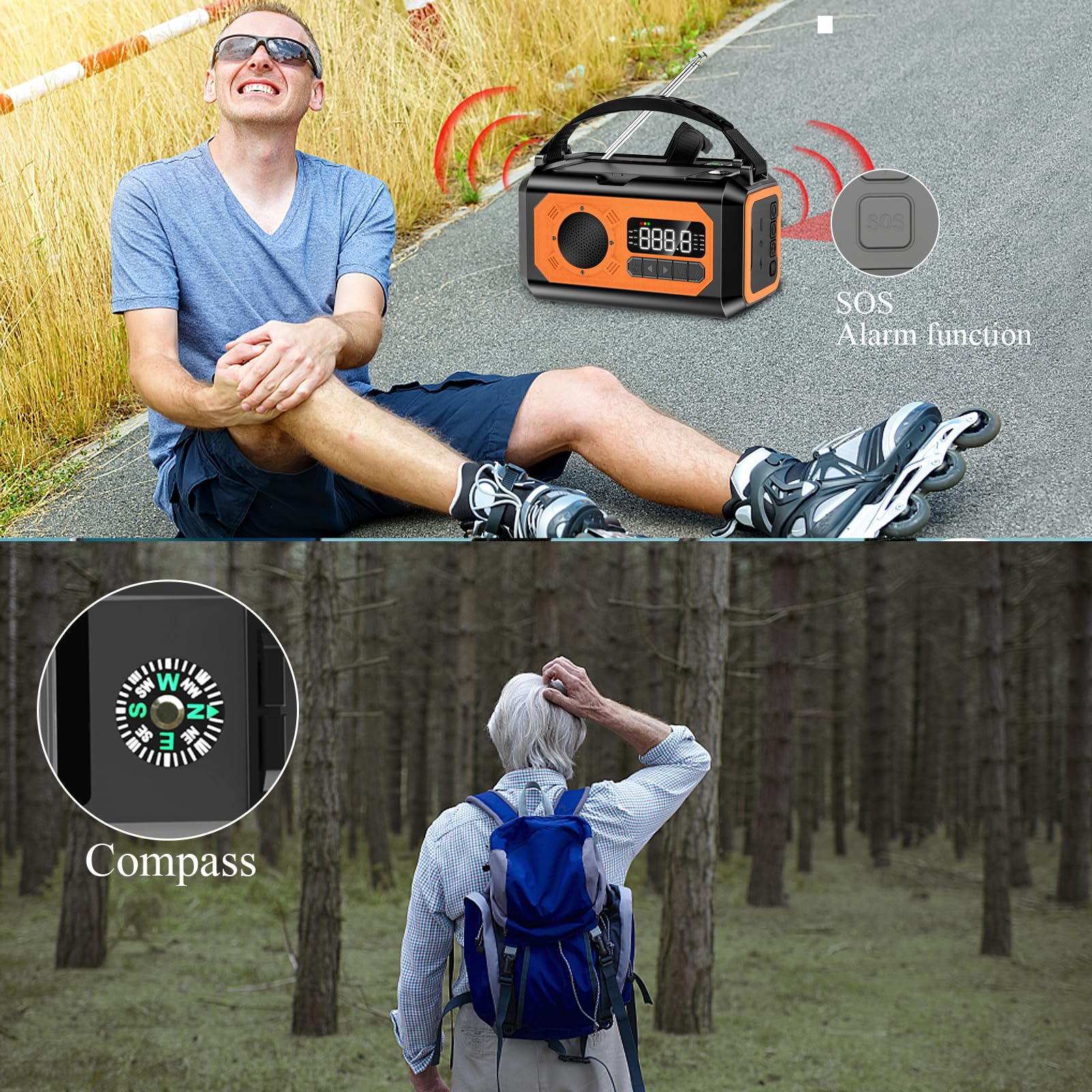 12000mAh Solar Emergency Weather Radio with NOAA Alerts - AM/FM/NOAA Weather Radio, Solar Charging, SOS Alarm, Flashlight, Phone Charger, Compass & Reading Lamp - Perfect for Camping, Hiking, and Emergency Preparedness