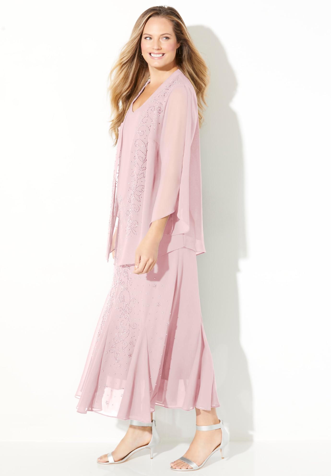 Catherines Women's Plus Size Masquerade Beaded Dress Set with Jacket (Petite Available) - Size 32W in Rose | Formal Evening Gown for Parties, Weddings & Special Occasions