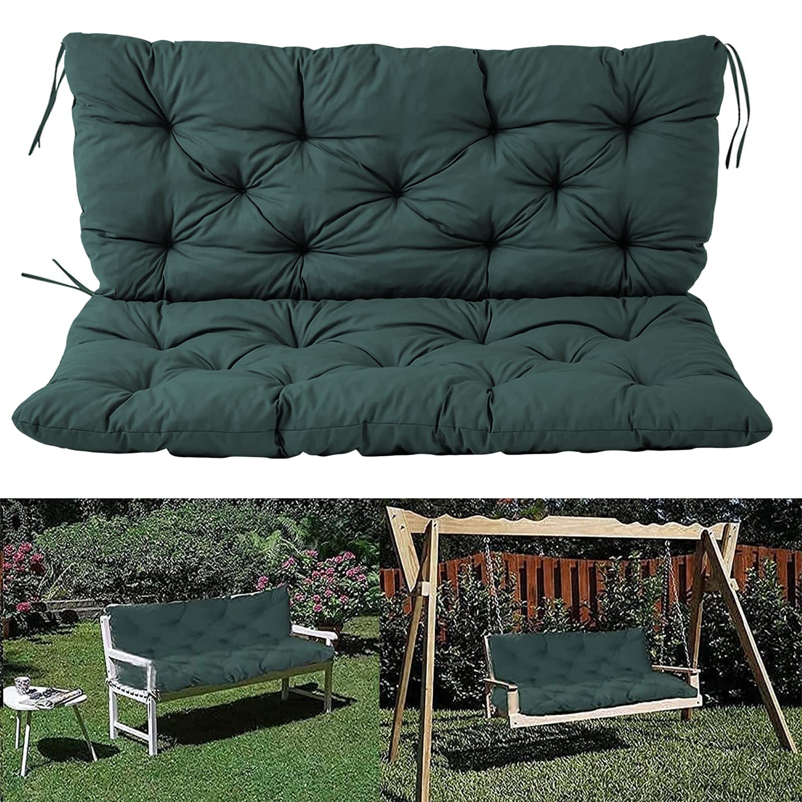 Outdoor Swing Cushions with Backrest - 3 Seater Replacement Cushion Waterproof with Tie - Thick Garden Bench Cushion for Patio Loveseat/Settee (Dark Green 59