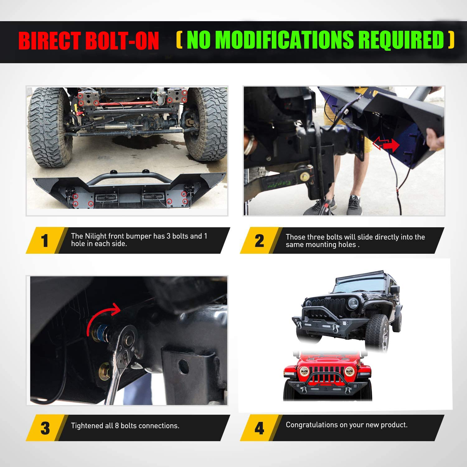 TlOYAR Black Textured Front Bumper with Winch Plate, 4 Aluminum Lights & D-Rings | Compatible with 2007-2025 Jeep Wrangler JK/JKU/JL/JLU & 2020-2025 Gladiator JT | Off-Road Adventure & Truck Protection