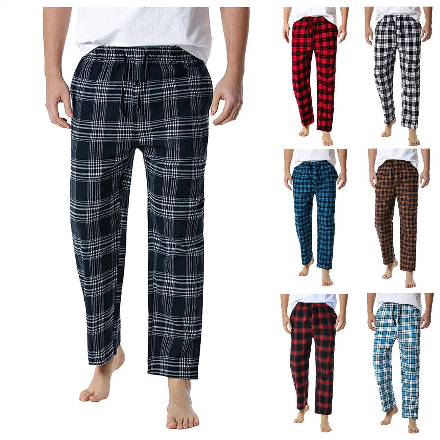 **Men's Cotton Lightweight Sweatpants with Drawstring & Pockets - Plaid Lounge Pants for Sleep, Home & Casual Wear**