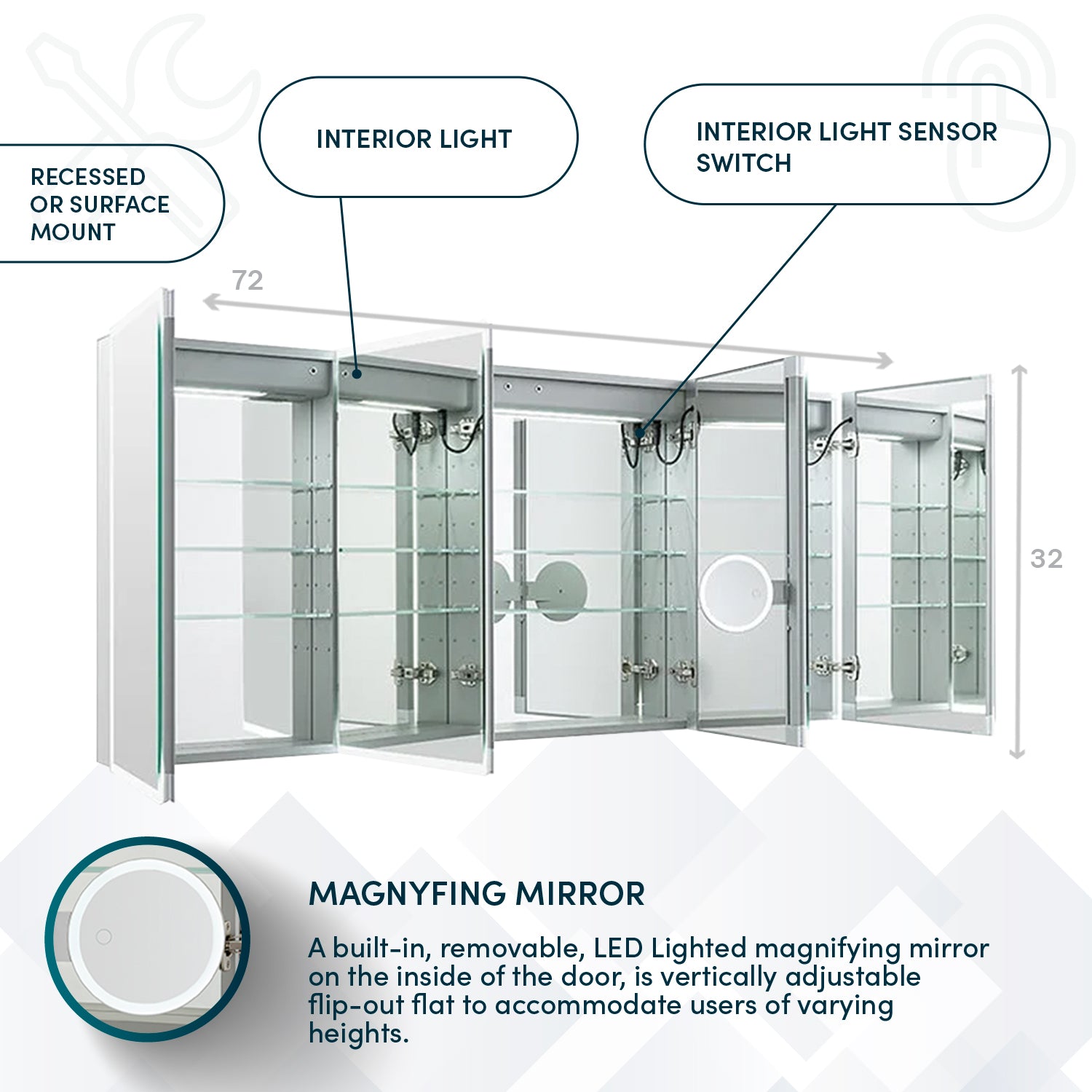 72x32 Inch LED Lighted Bathroom Medicine Cabinet with Mirror - Modern Aquadom Edge Royale Design for Vanity & Bathroom Storage | Perfect for Home, Apartment, Hotel & Spa Use
