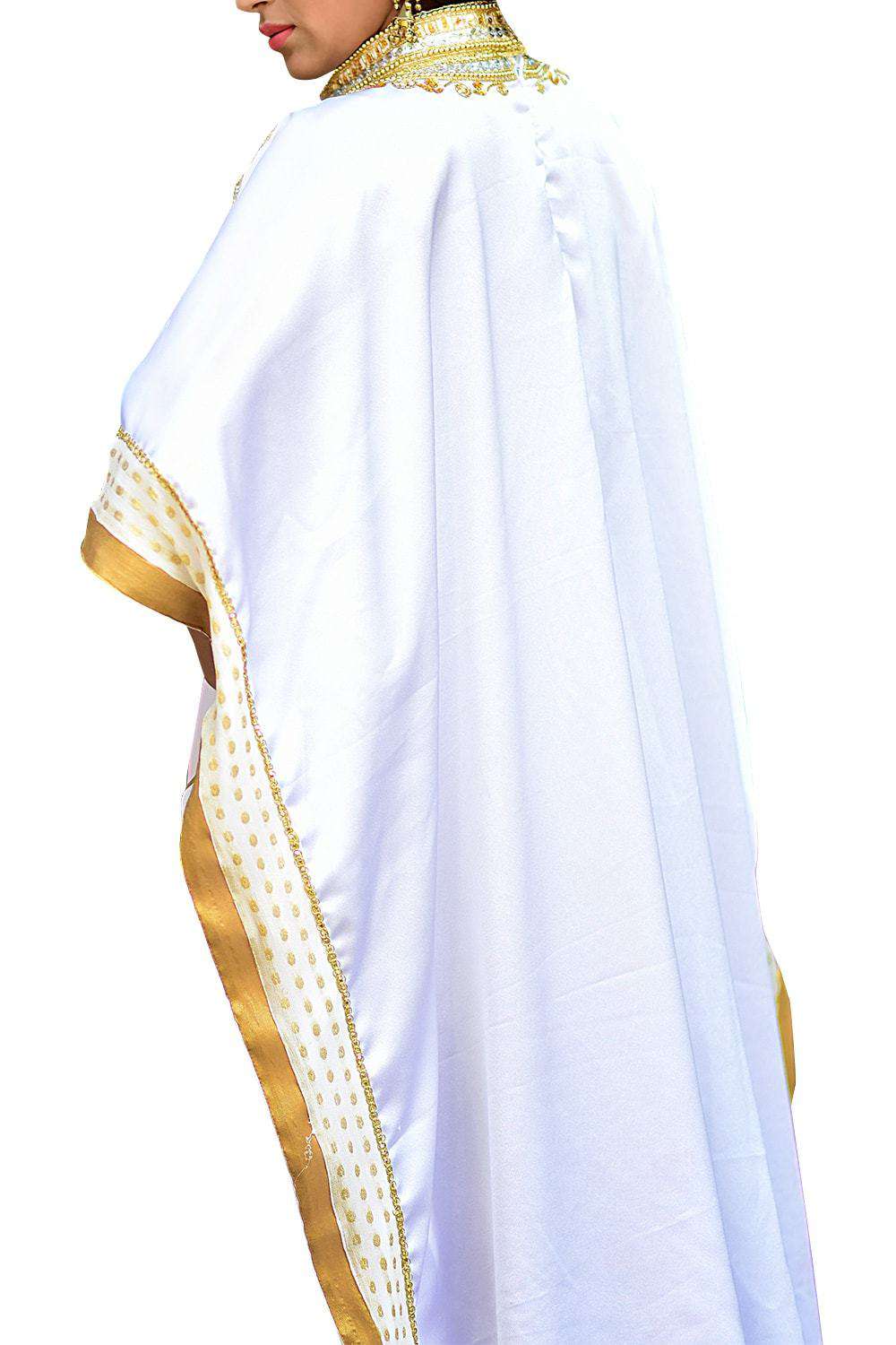 Elegant White & Gold Kaftan Dress for Women - One Size Flowy Beach Cover Up, Summer Vacation, Boho Chic Outfit