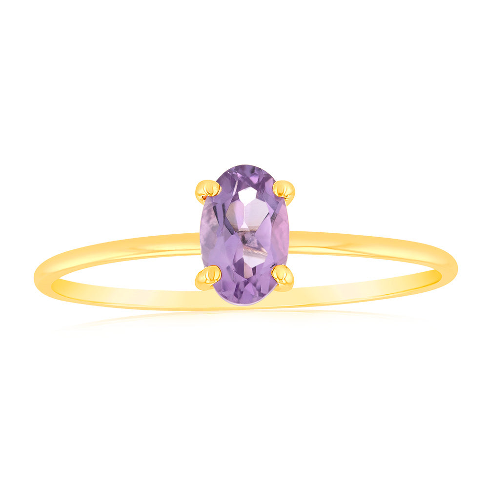 9ct Yellow Gold 6x4mm Oval 0.39Ct Amethyst Ring for Women - Elegant Purple Gemstone Jewelry Gift for Birthday, Anniversary & Valentine's Day