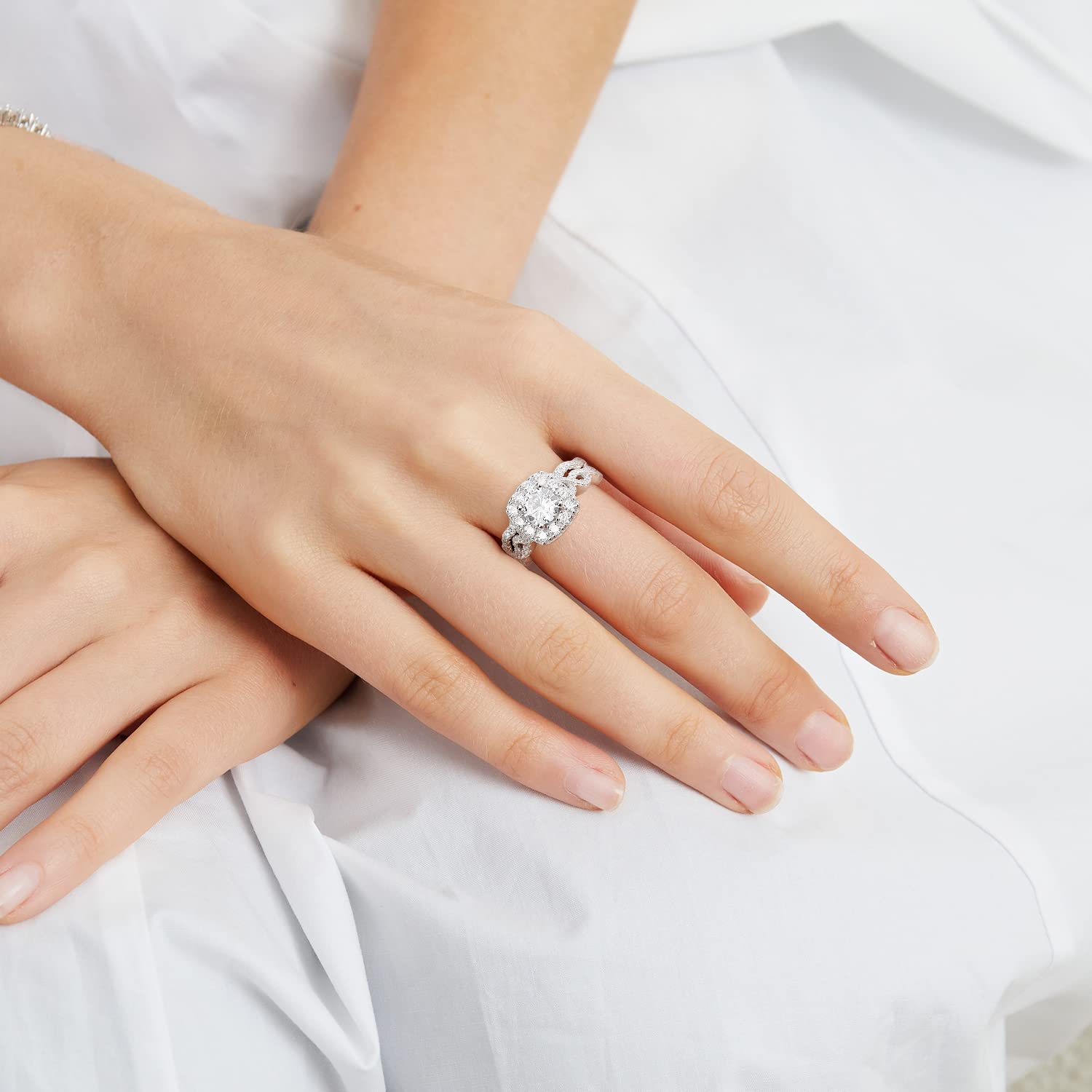 TIKJE 925 Sterling Silver Halo Engagement Rings Set for Women - Two/Three-in-One Promise & Eternity Wedding Bands (Size 6-8) - Perfect for Bridal, Anniversary Gifts & Everyday Elegant Jewelry