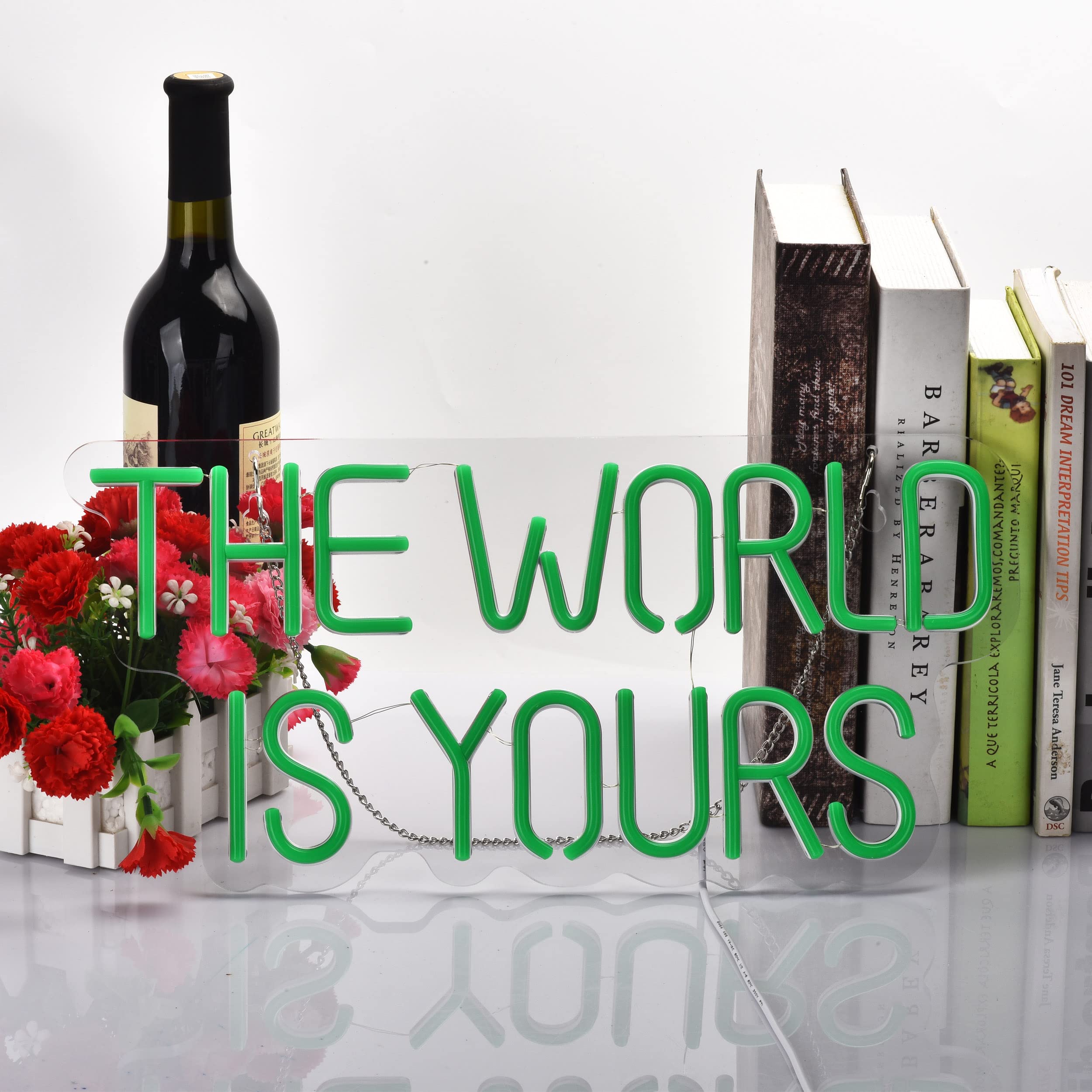 17x8 Inch LED Neon Green 'The World is Yours' Dimmable Wall Sign - Bedroom Decor, Home Accessories & Party Lighting for Living Room, Game Room and Holiday Decorations