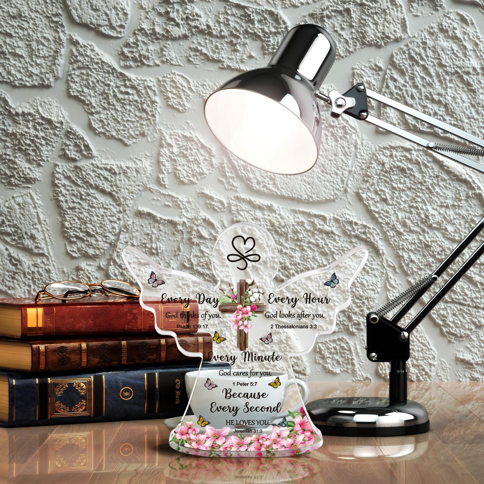 Yulejo Acrylic Christian Gifts with Bible Verse Prayers - Religious Home Decor for Women, Men, Friends, Mom - Perfect for Valentine's Day, Birthday, Baptism, Christmas - Cross & Angel Design for Prayer Corner, Church, Office Desk
