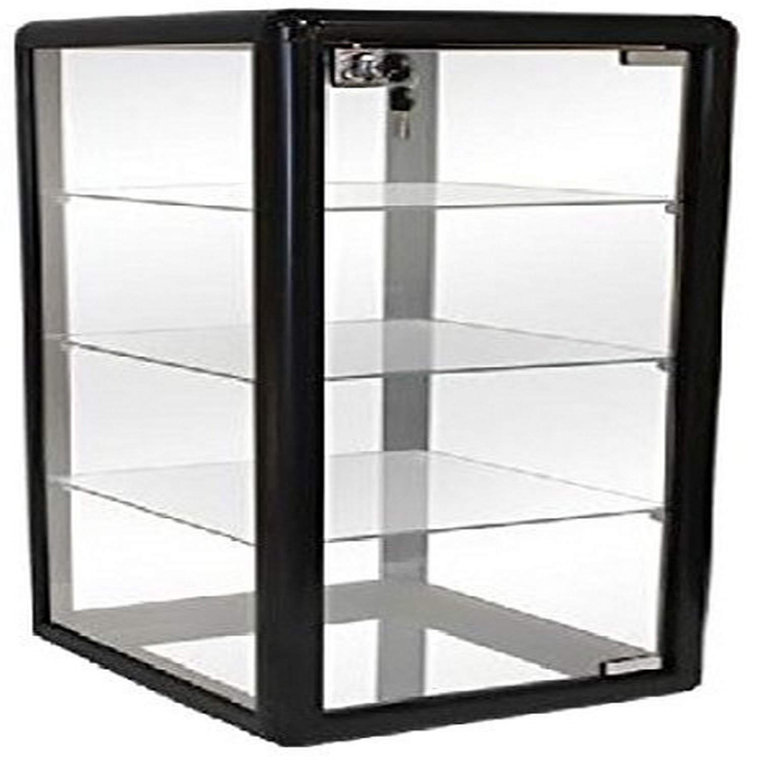 Elegant Black Aluminum Table Top Tempered Glass Display Showcase with 3 Glass Shelves - Hinged Glass Door with Lock & Key - Perfect for Retail Stores, Jewelry Shops, and Home Decor Display