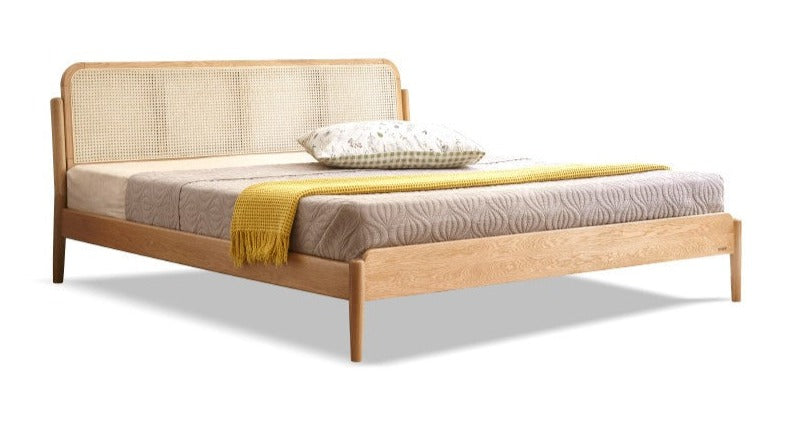 Solid Oak Wood Rattan Bed Frame - Queen Size, Natural Finish - Perfect for Bedroom, Guest Room & Farmhouse Decor