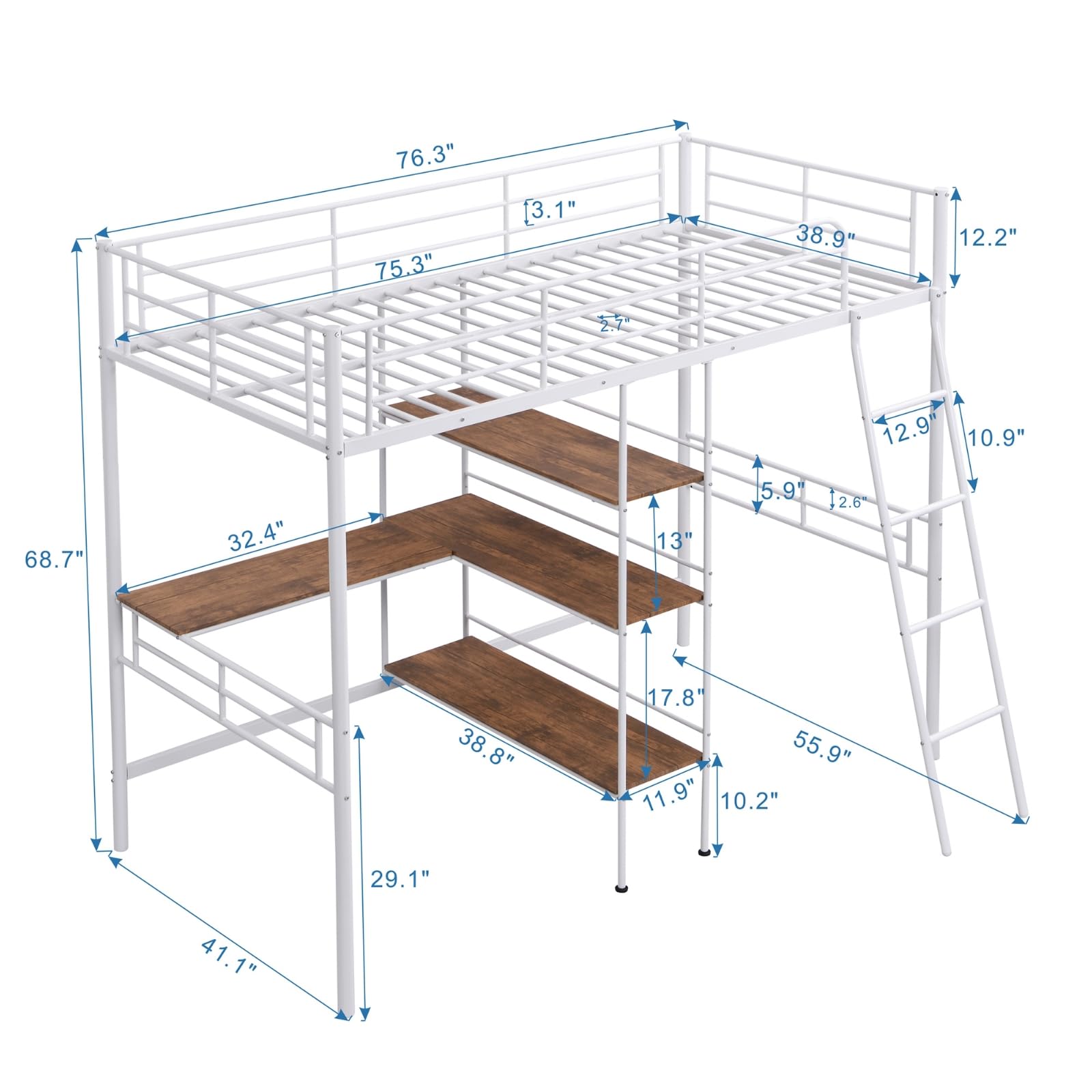 Twin Size Loft Bed with L-Shaped Desk & Shelves - Sturdy Metal Frame with Safety Guardrail - Easy to Assemble White Space-Saving Bed - Perfect for Small Bedrooms, Dorms & Studio Apartments