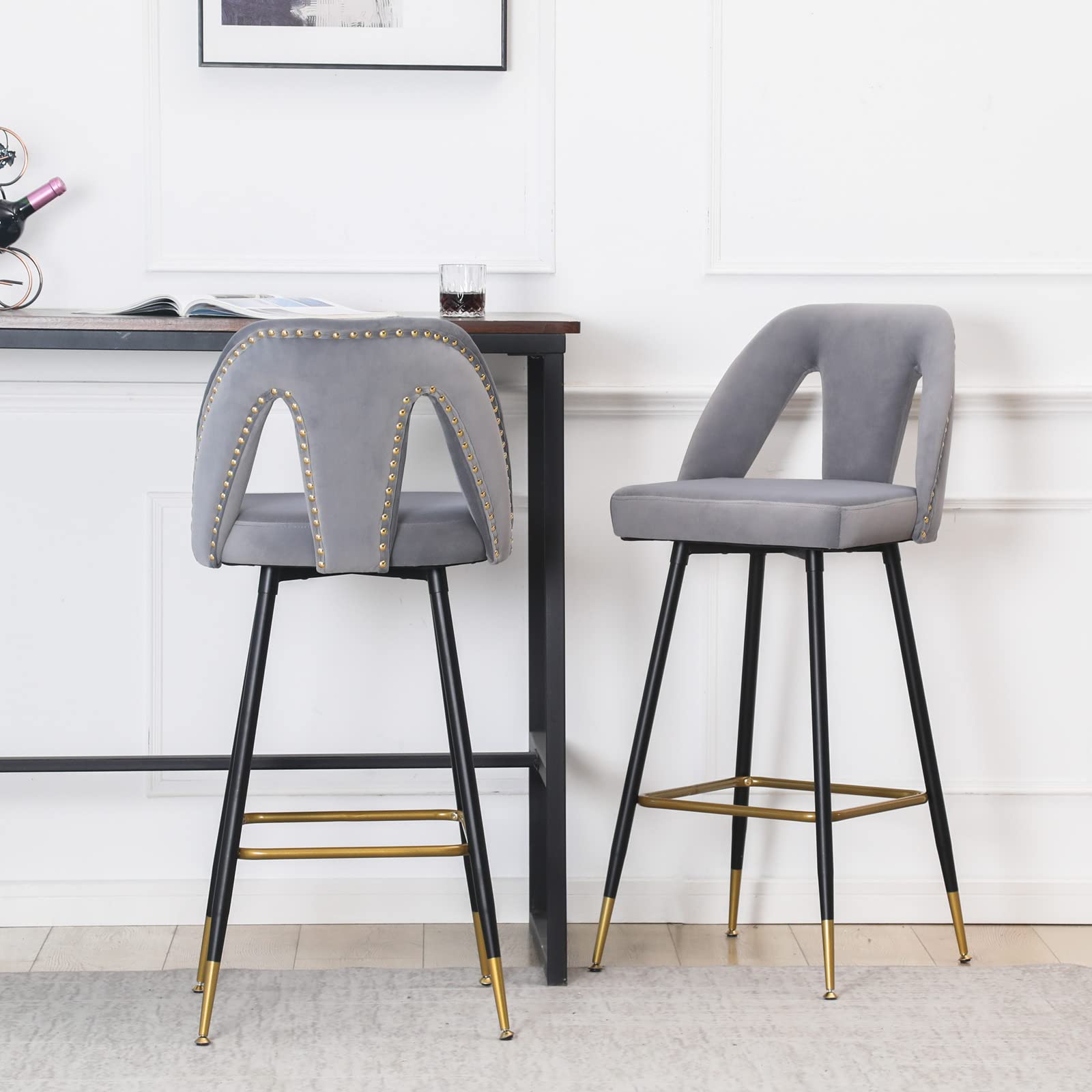 **Velvet Counter Height Bar Stools Set with Backs & Footrest - Modern Upholstered Kitchen Island Stools for Breakfast Bar, Dining Counter & Home Decor (Grey)**