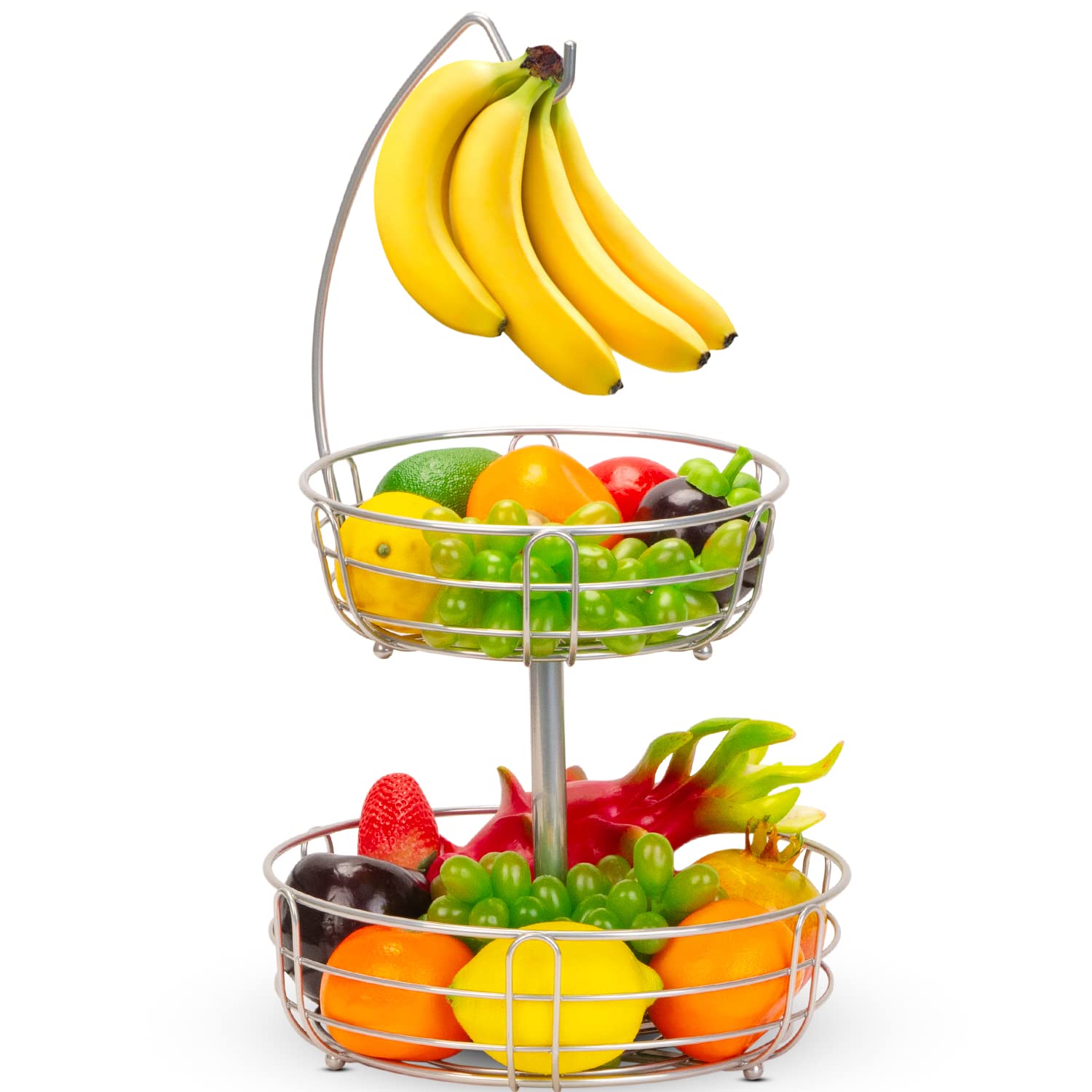 Bextcok 2 Tier Fruit Basket - Double Painted Silver Kitchen Countertop Organizer with Banana Hanger Hook | Perfect for Storing Fruits, Vegetables & Kitchen Counter Organization