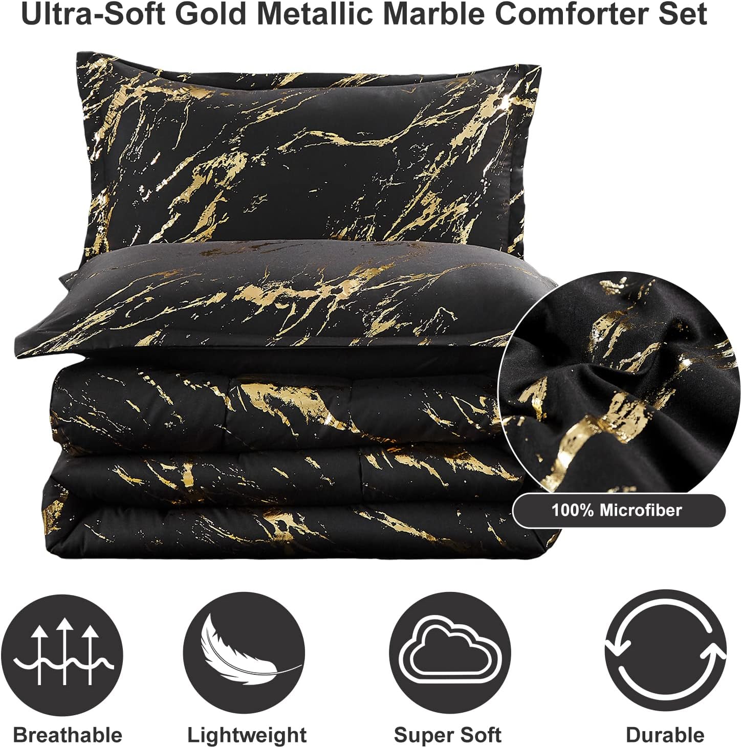 Black Gold Metallic Marble Comforter Set - Queen Size 3-Piece Bedding with Foil Print Glitter | Luxury Bedroom Decor for Modern Homes & Guest Rooms