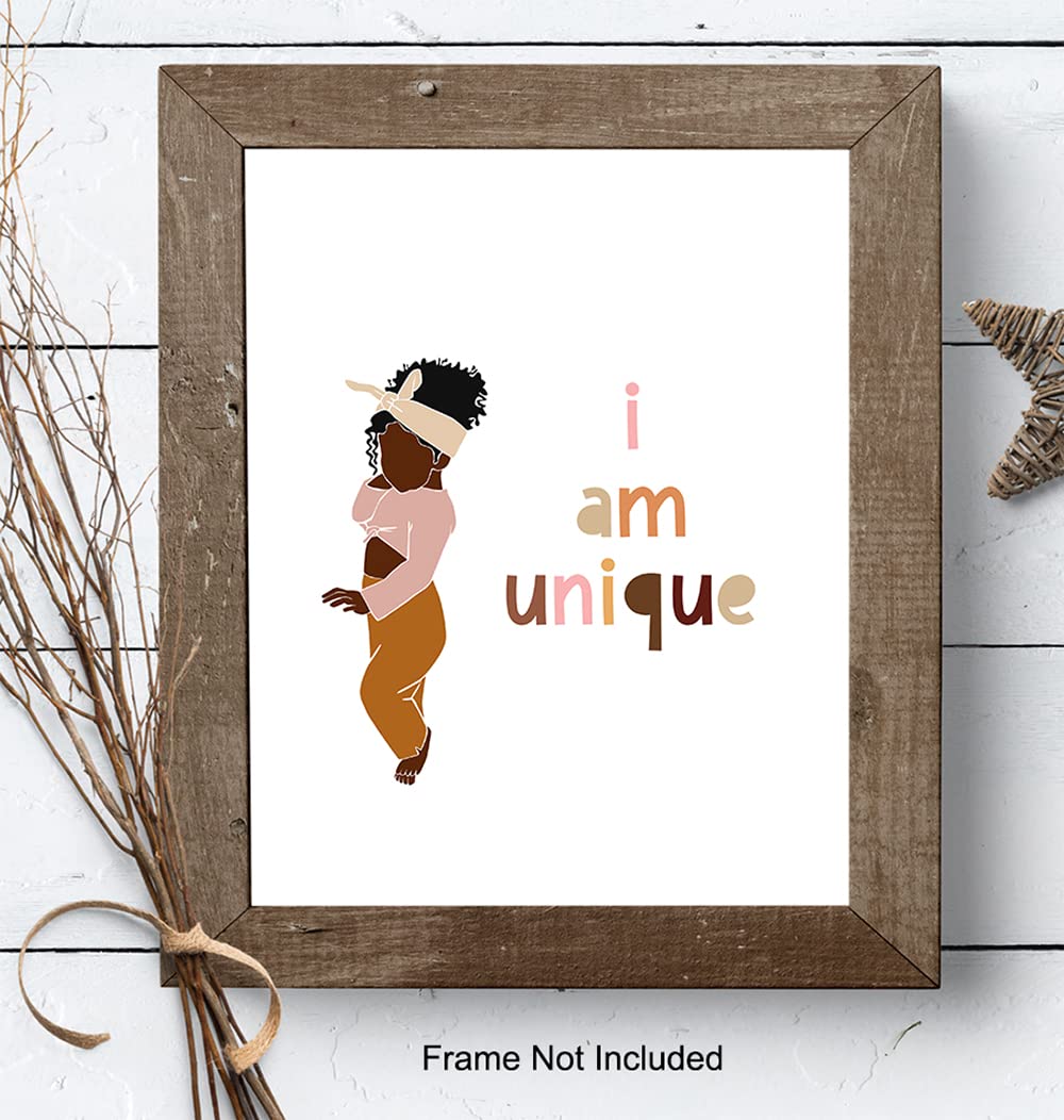 African American Girl Wall Art - Motivational Inspirational Quotes Poster for Black Culture - Positive Affirmations Decor - Cute Little Girls Bedroom Wall Decor - I Am Unique - Perfect for Nursery, Kids Room & Office Inspiration
