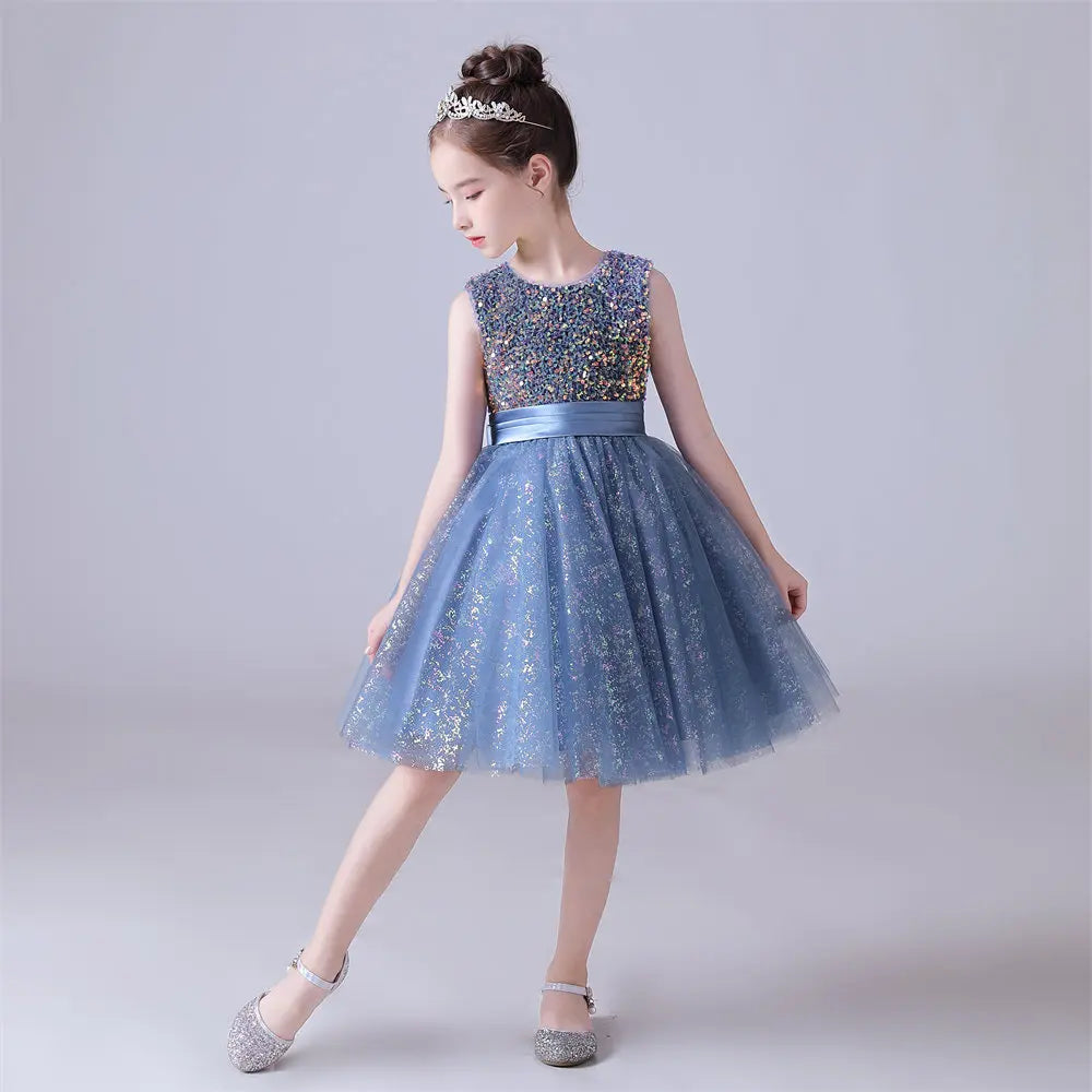 Adorable Sleeveless Flower Girl Dress in Blue Tulle with Sequin Embellishments - Perfect for Weddings, Baptisms & Special Occasions