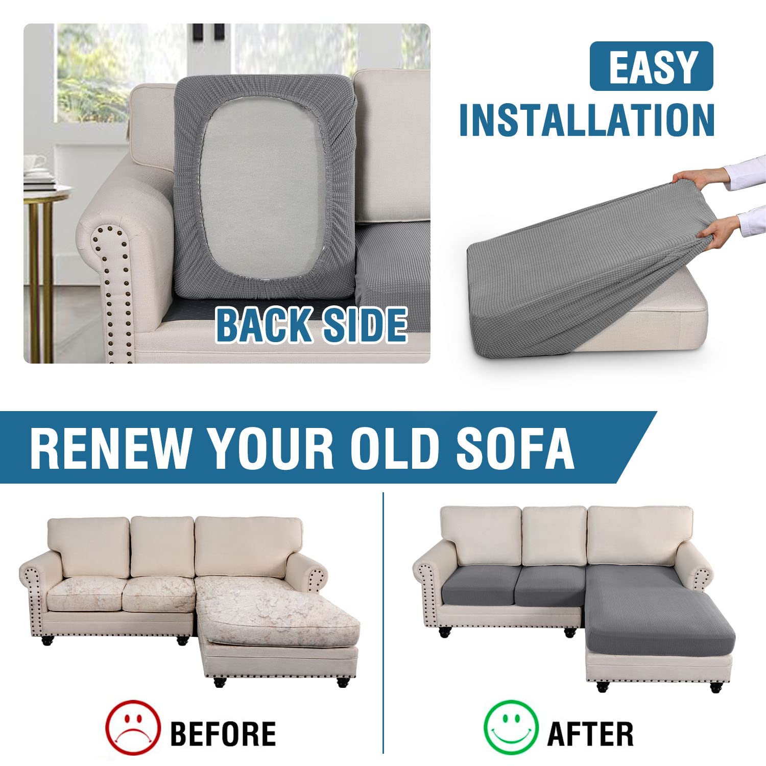 H.VERSAILTEX 3-Piece L-Shaped Sectional Sofa Cover Set - Reversible Left/Right Chaise & Cushion Covers (Dove Gray) - Protects Furniture from Pets, Stains & Wear - Perfect for Living Room, Family Room & Home Theater