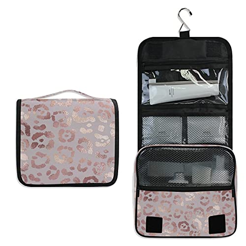 Rose Gold Leopard Print Hanging Toiletry Bag - Waterproof Travel Makeup Organizer for Women & Men | Portable Cosmetic Case for Bathroom, Gym, Camping & Vacation Essentials