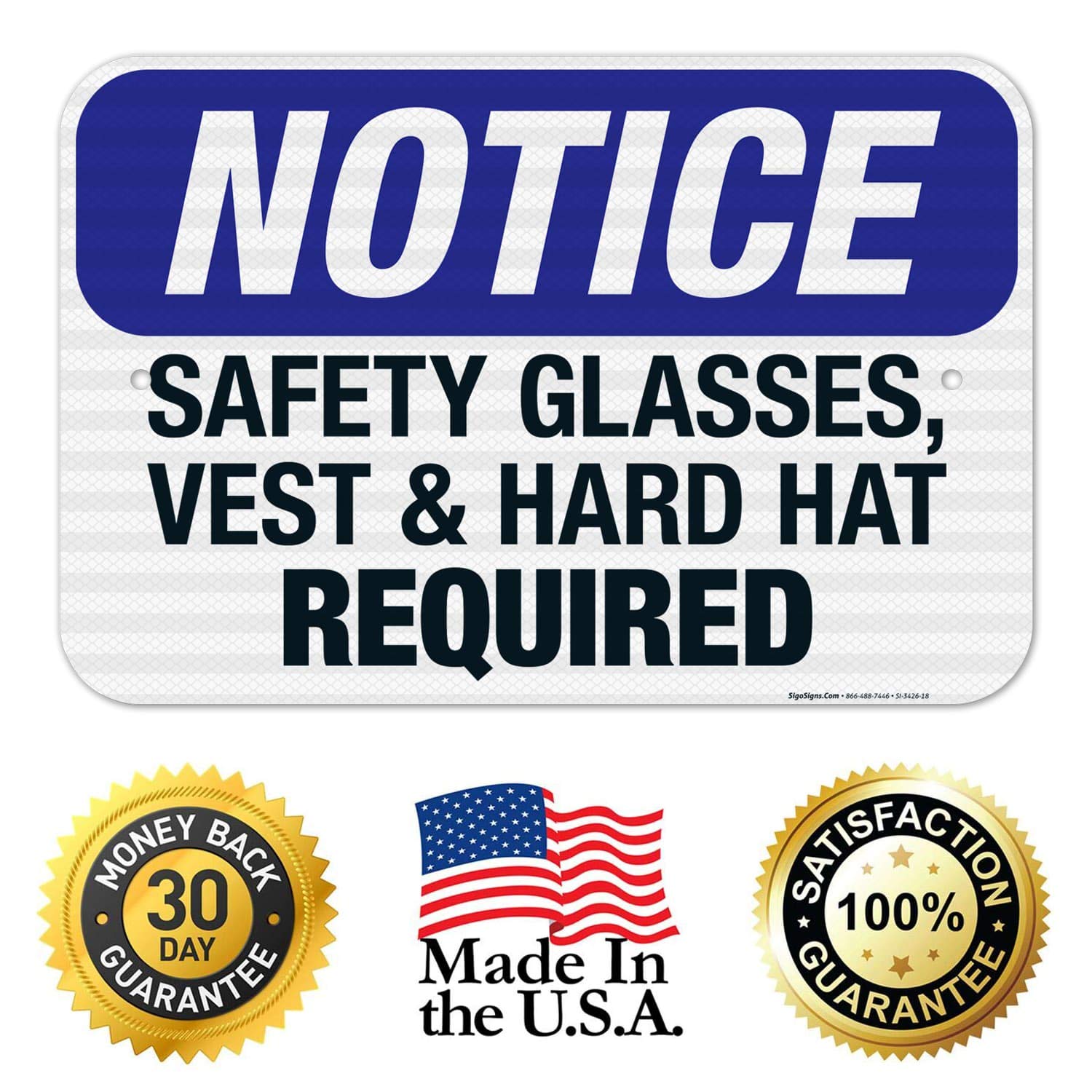 OSHA Compliant Safety Glasses Vest & Hard Hat Required Sign - 12x18 Inch Reflective Aluminum Sign for Construction Sites & Work Zones - 3M EGP .063 Fade-Resistant Material - Indoor/Outdoor Use - Made in USA - Perfect for Factories, Warehouses & Hazardous Areas