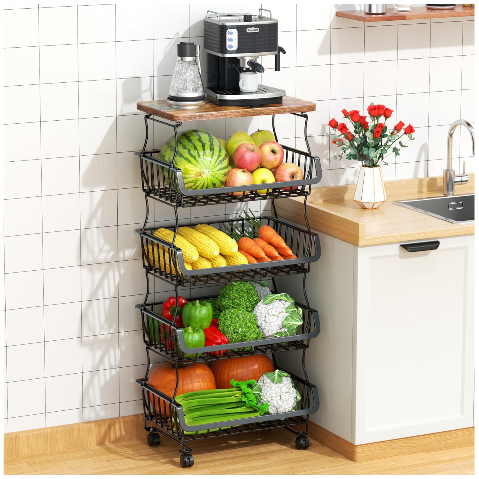 5-Tier Stackable Metal Wire Fruit & Vegetable Storage Basket with Wheels - Kitchen, Pantry & Bathroom Organizer for Fresh Produce, Snacks & Toiletries | Perfect for Home, Office & Dorm Organization