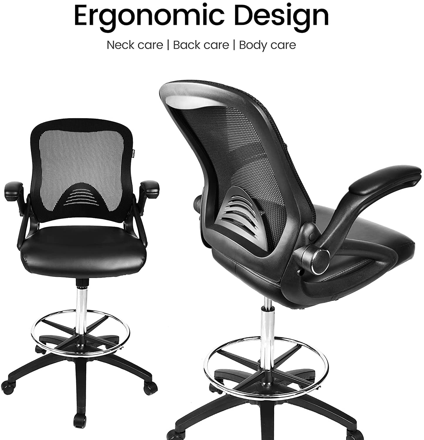 ARTETHYS Drafting Chair with Flip-Up Armrests - Adjustable Height Office Chair for Standing Desks, Rotating PU Leather Seat (Black) - Perfect for Architects, Artists & Home Office Workspaces