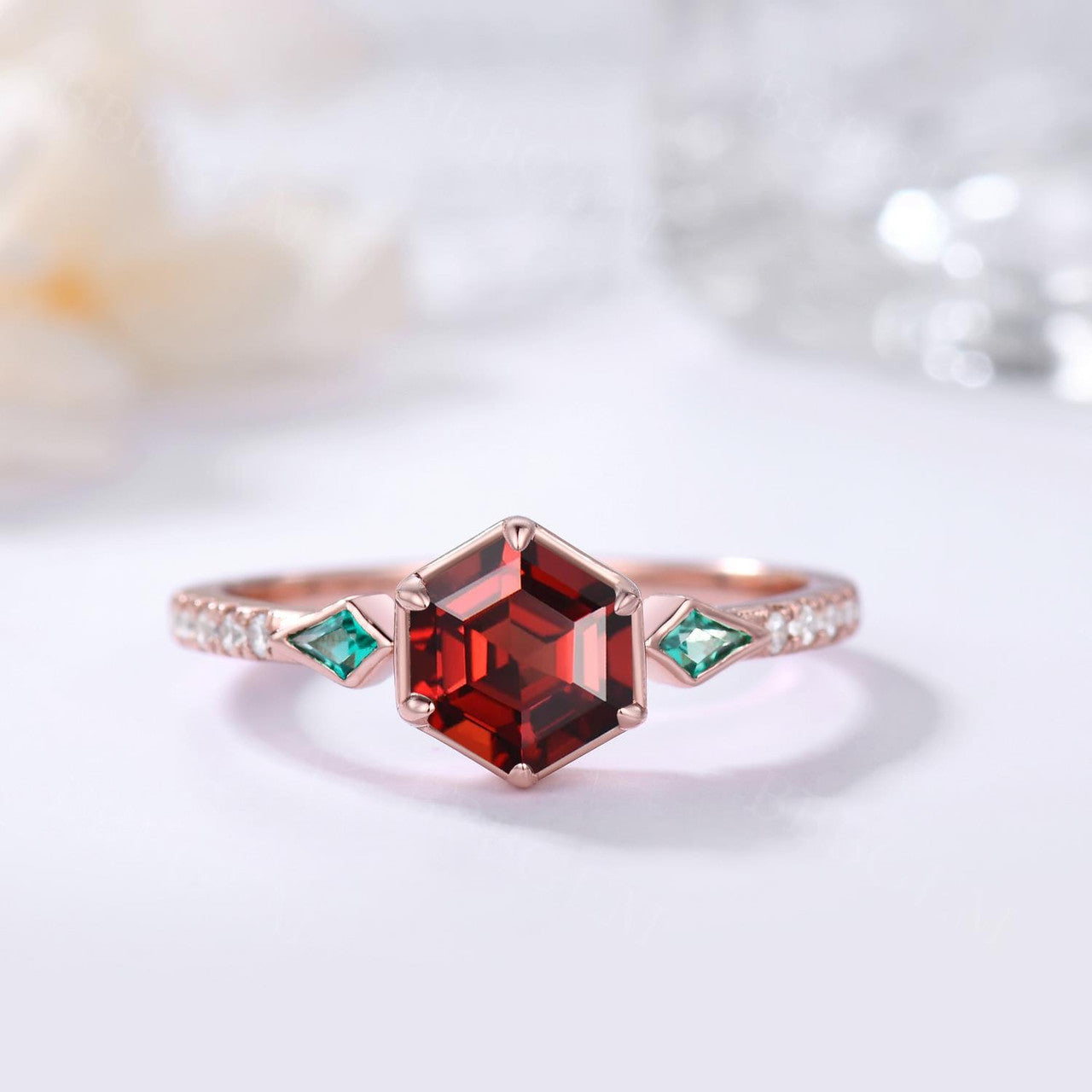 Vintage Hexagon Lab Ruby & Emerald Engagement Ring for Women - Silver 3 Stone Kite Cut Side Stones, Perfect for Weddings, Anniversaries & Special Occasions