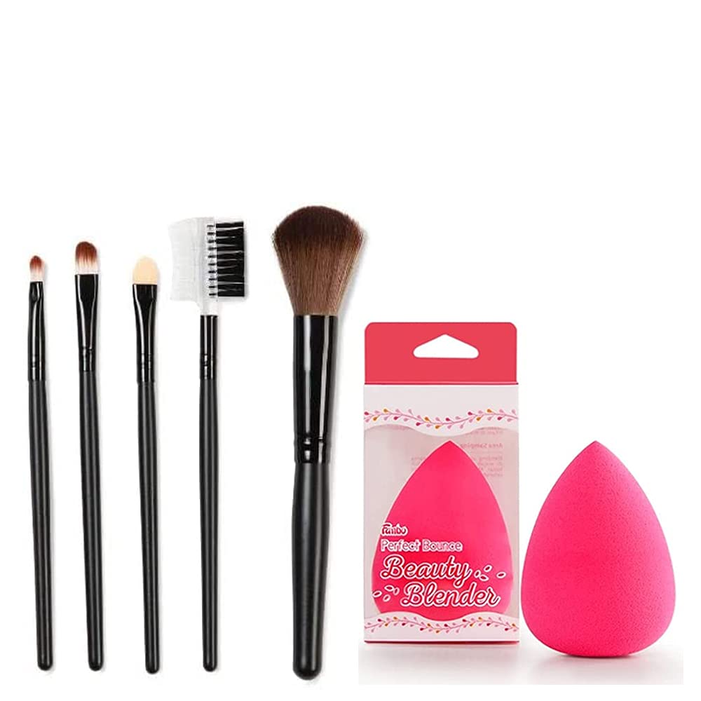 Premium 5-Piece Professional Makeup Brush Set with Beauty Blender Sponge - Synthetic Kabuki Foundation Blush Eyeshadow Brushes for Flawless Makeup Application - Perfect for Daily Use, Travel & Professional Makeup Artists