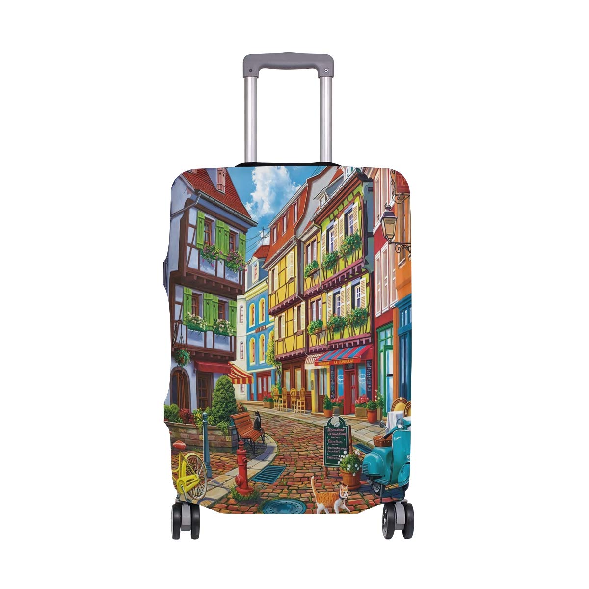 Old World Street Cat Design Scratch-Resistant Luggage Cover - Fits 22-24 Inch Suitcases | Durable Suitcase Protector with Adhesive Stickers for Travel Accessories | Perfect for Airplane, Train & Commuter Bag Protection