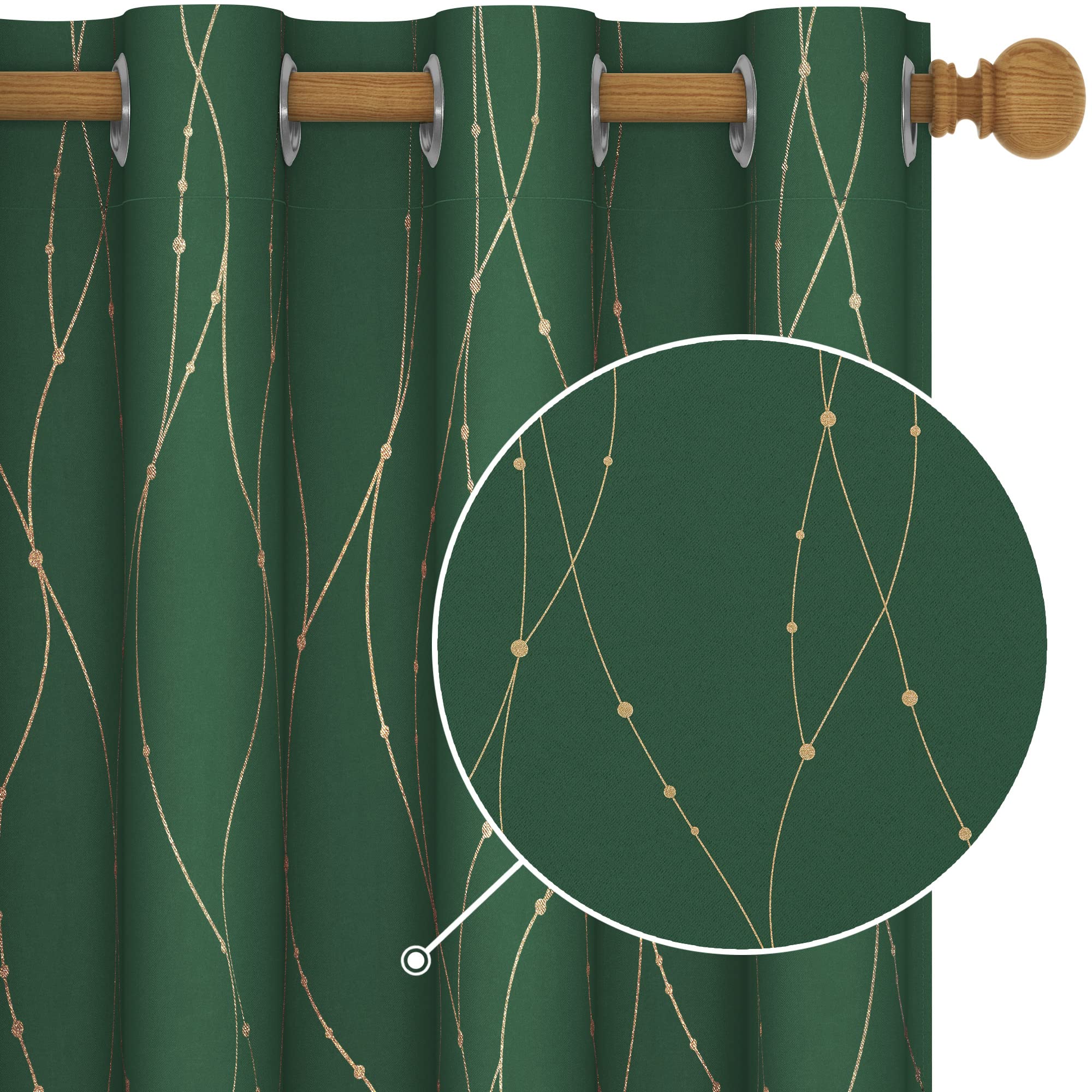 Deconovo Dark Forest Green & Gold Blackout Curtains for Living Room - 52x95 Inch Grommet Top Window Panels for Party, Bedroom & Home Decor (Set of 2) - Elegant Room Darkening Drapes for Privacy & Light Control
