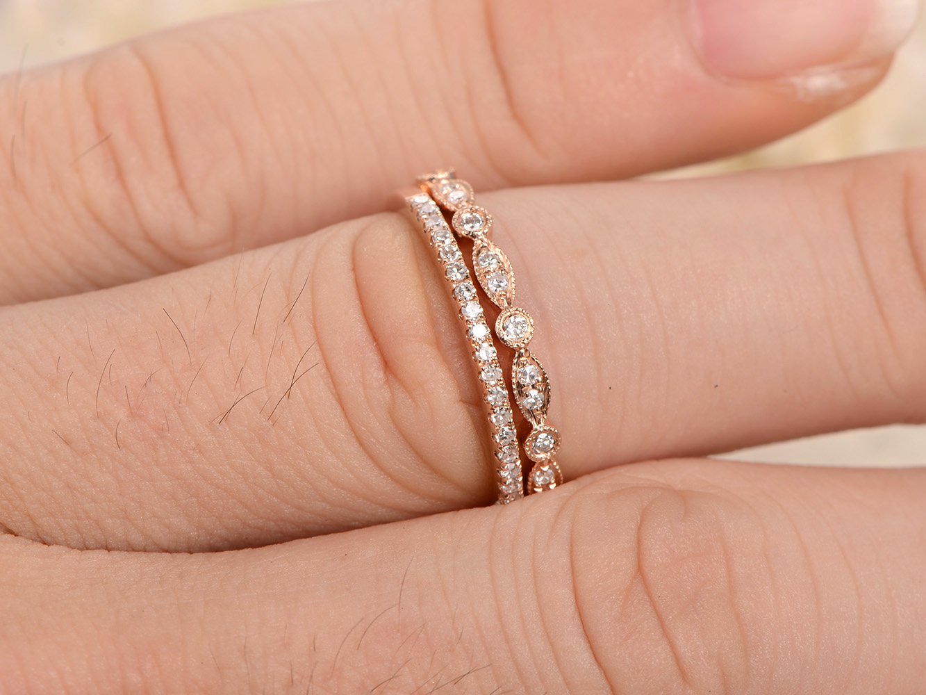 14K Rose Gold Half Eternity Diamond Wedding Ring Set - Anniversary & Stacking Band for Women