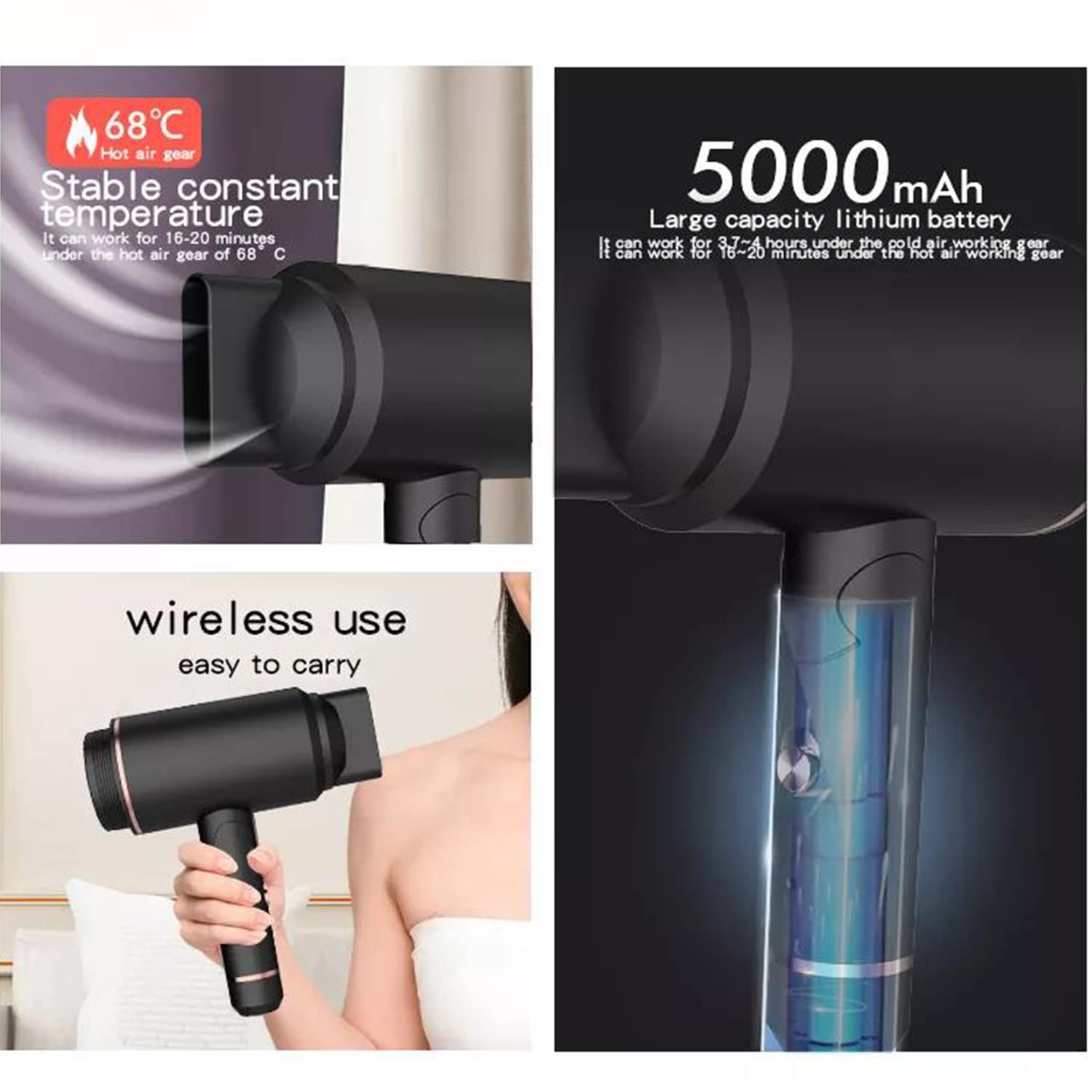 Rechargeable Cordless Hair Dryer - Foldable Travel Hair Dryer, Mini USB Hair Dryer with Hot/Cold Air for Women & Kids - Perfect for Camping, Beach & On-the-Go Styling