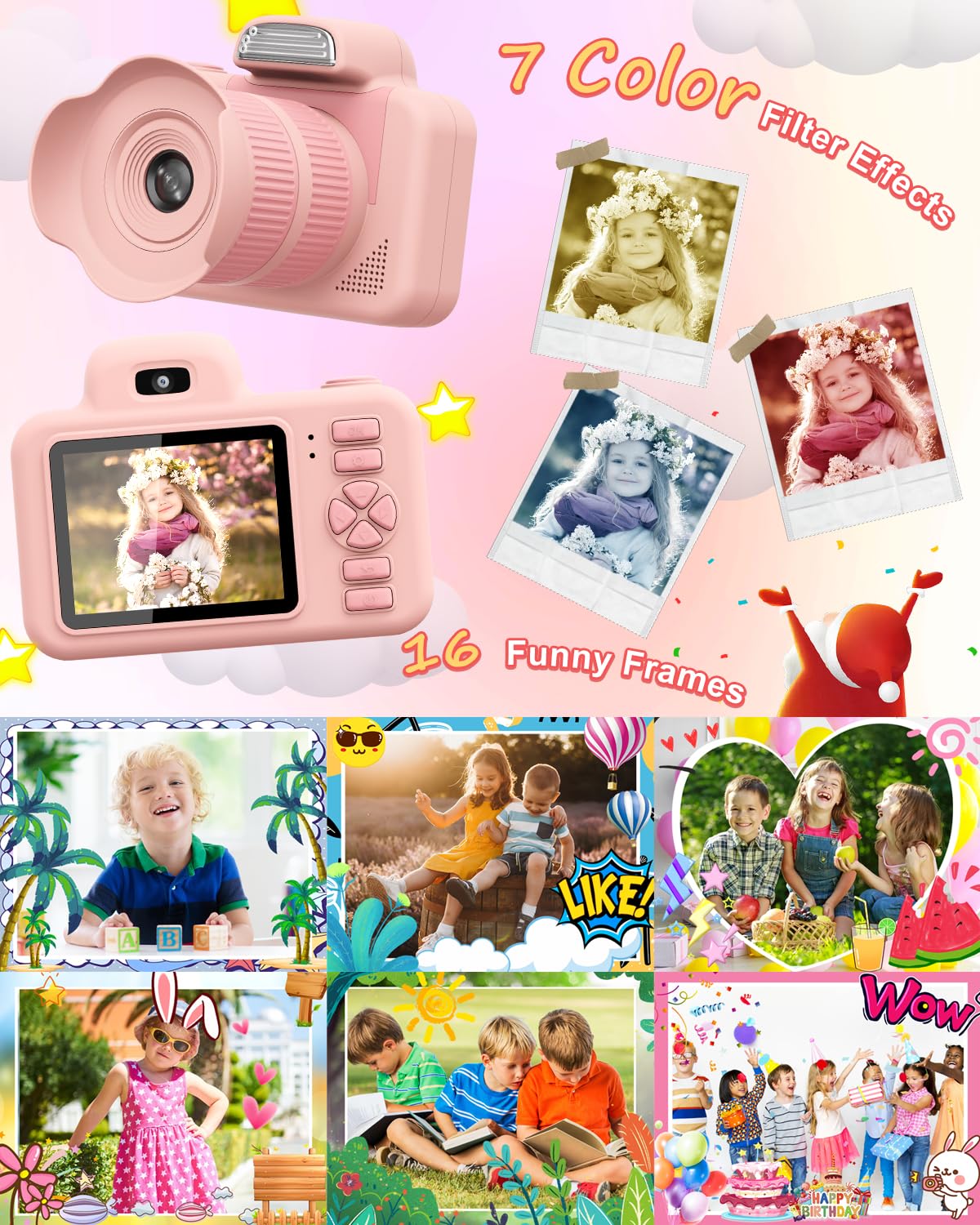 **Kids Digital Camera with Flash - 1080P HD Video & 2 Inch Screen, 32GB Memory - Best Christmas Birthday Gift for Boys Girls Age 3-12 - Perfect for Travel, Parties & Outdoor Adventures (Pink)**