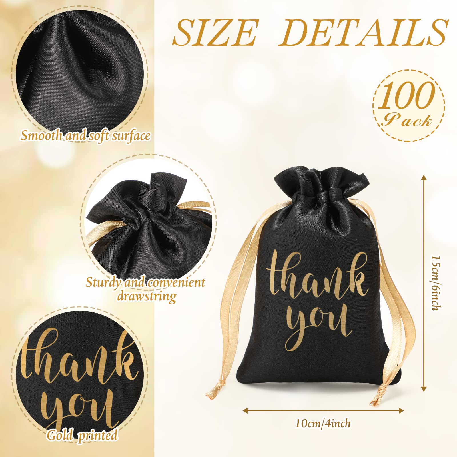 Roowest 100 Pcs Black Satin Drawstring Gift Bags - 4x6 Inch Jewelry Candy Pouches for Wedding, Bridal Shower, Baby Shower, Birthday & Holiday Party Favors - Perfect for Thank You Gifts, Party Decorations and Small Item Storage